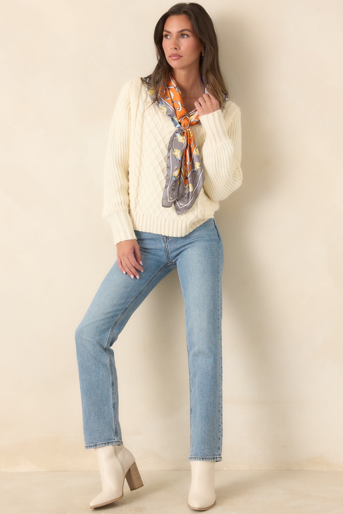 Softly Structured Ivory Knit Textured Panel V-Neck Sweater