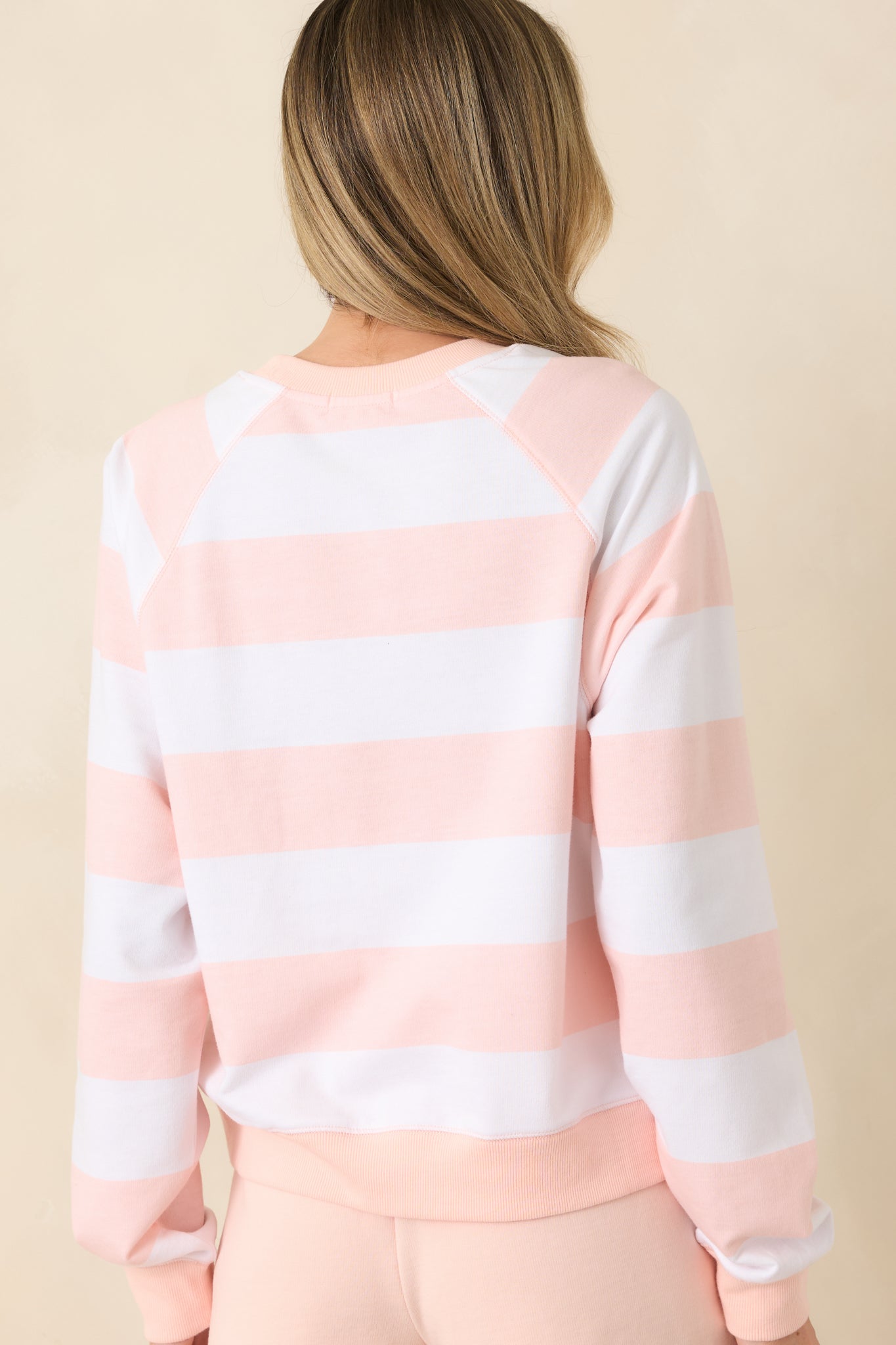 Cream and blush striped sweatshirt rear view with relaxed fit and raglan sleeve detailing.