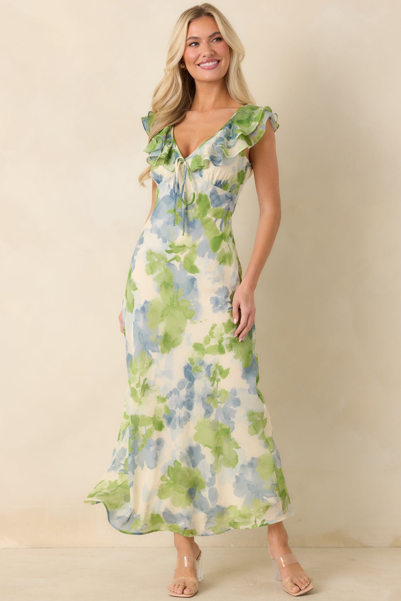 MINKPINK Carrie Blue & Green Watercolor Floral Midi Dress | Red Dress MINKPINK Carrie Blue & Green Watercolor Floral Midi Dress | Red Dress