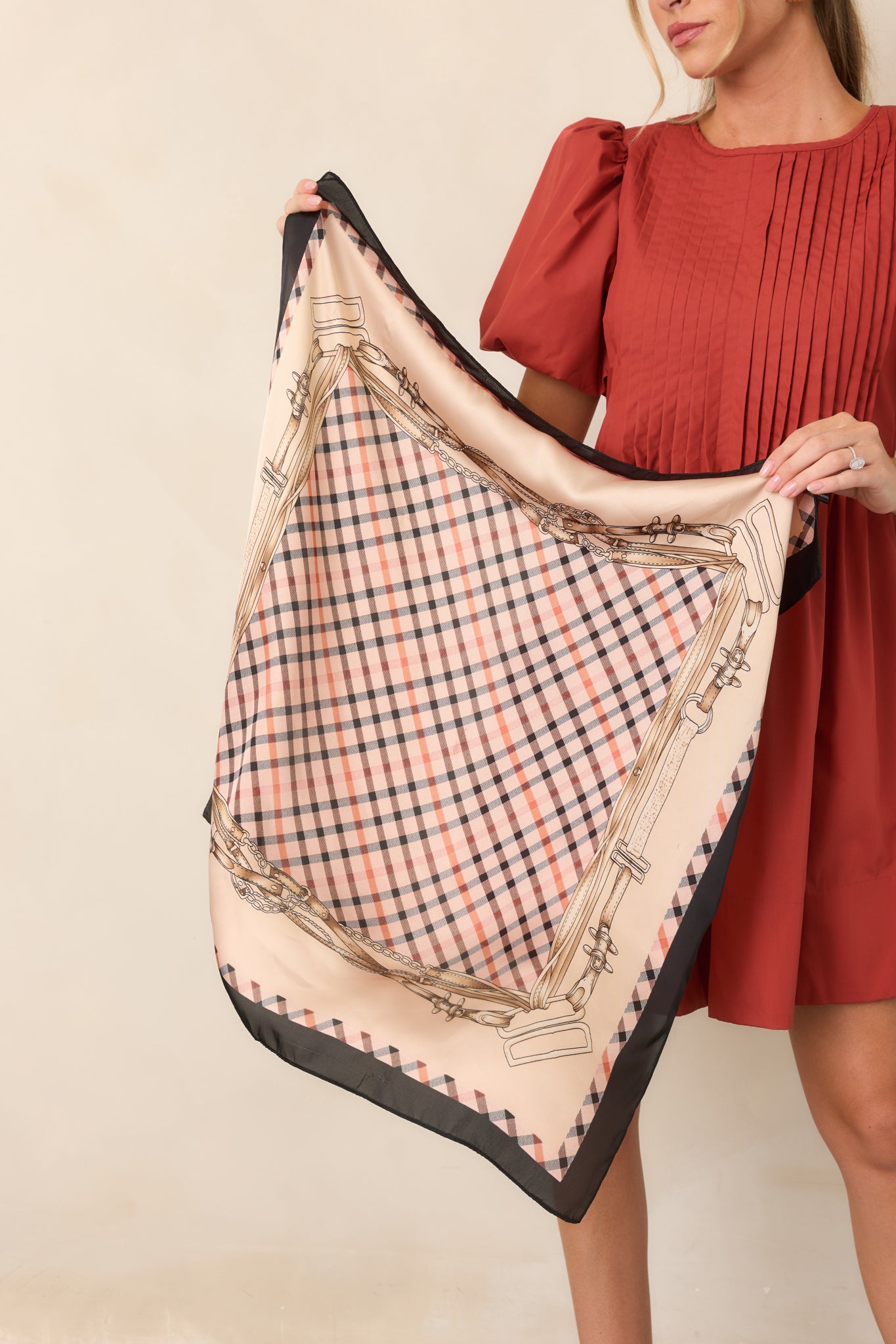 Off to the Races Camel Multi Plaid Satin Scarf