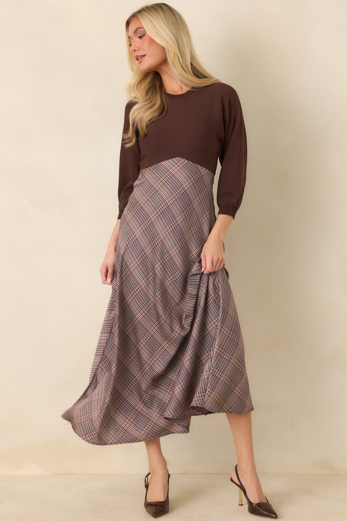 Perfectly in Place Brown Multi Plaid Knit Bodice Midi Dress