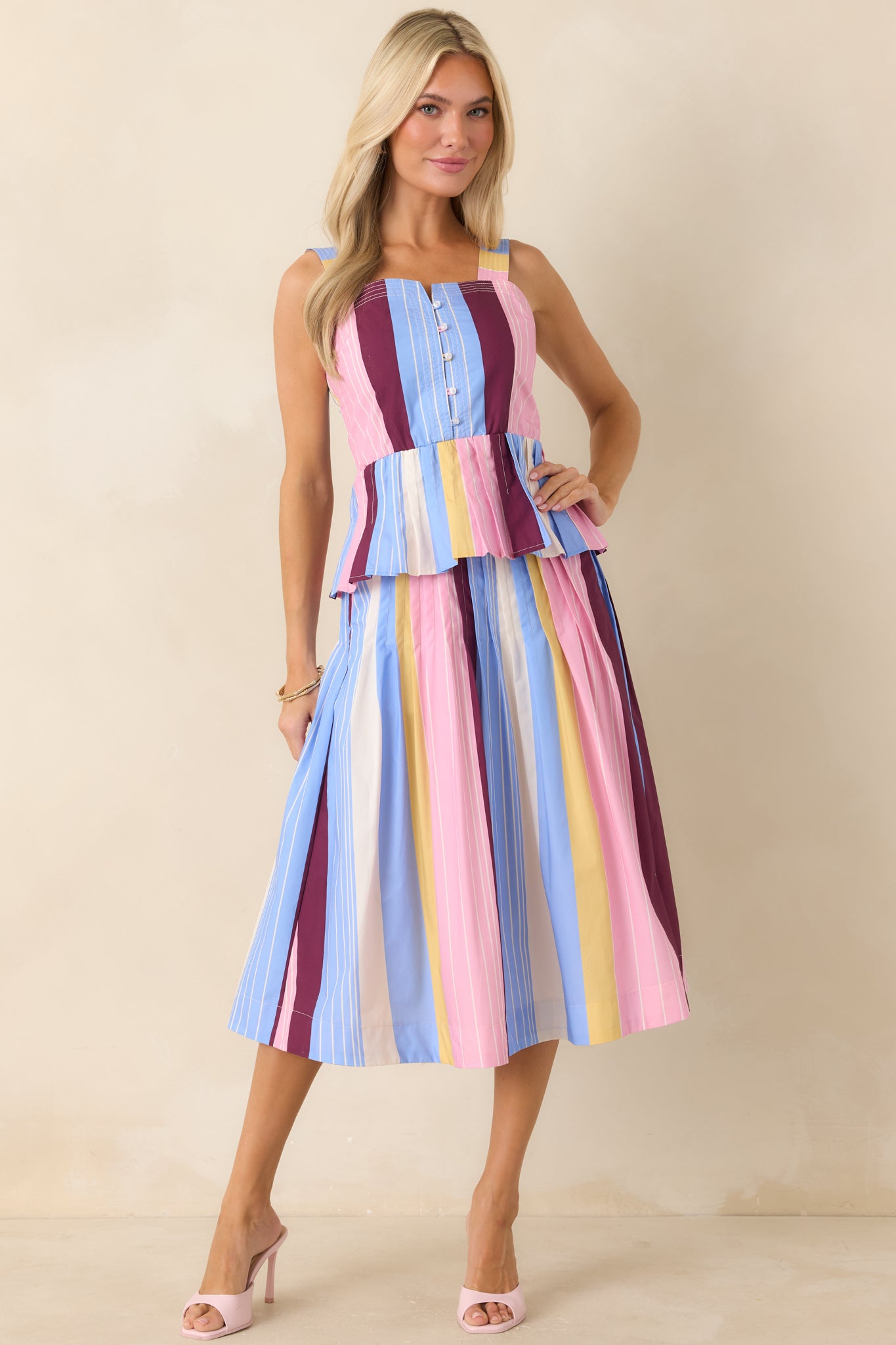 High-waisted striped skirt with structured waistband and easy movement.