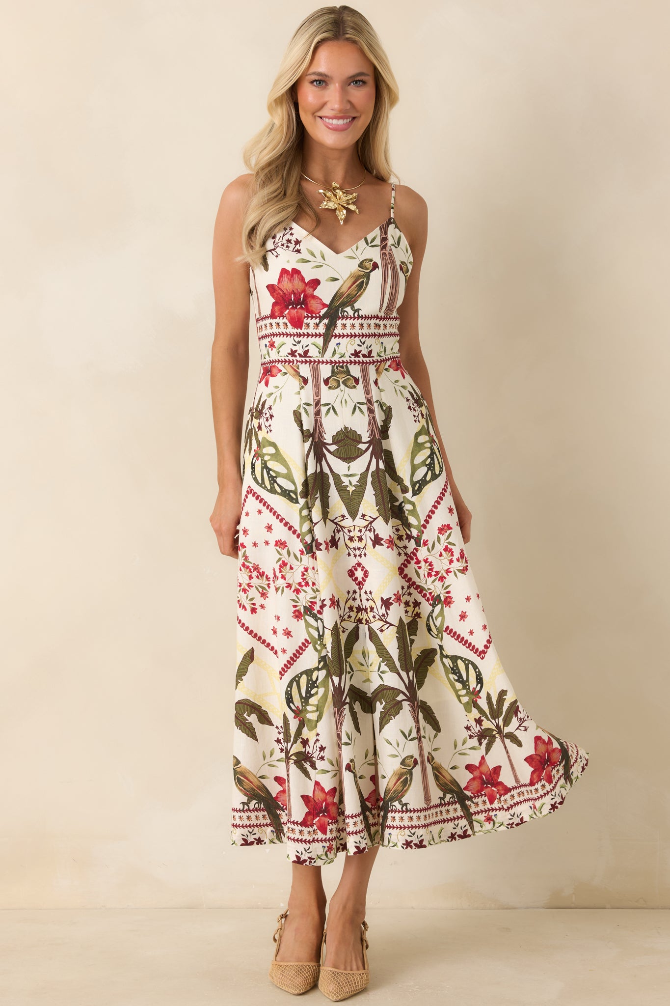 Tropical print maxi dress showcasing a flowing full-length silhouette with hidden side pockets and a relaxed drape.