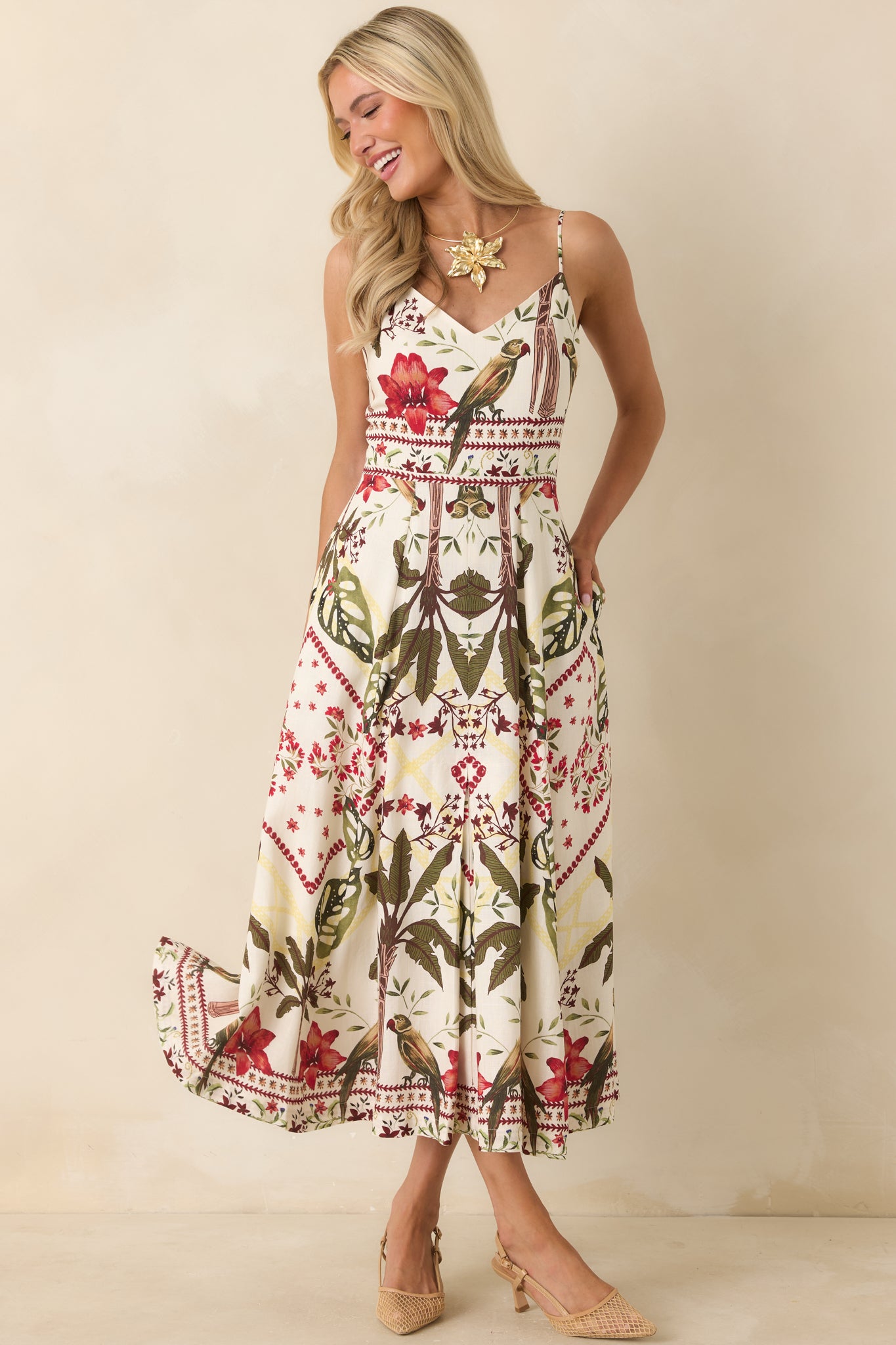 Aylaya Luna Red & Green Multi Tropical Print Maxi Dress