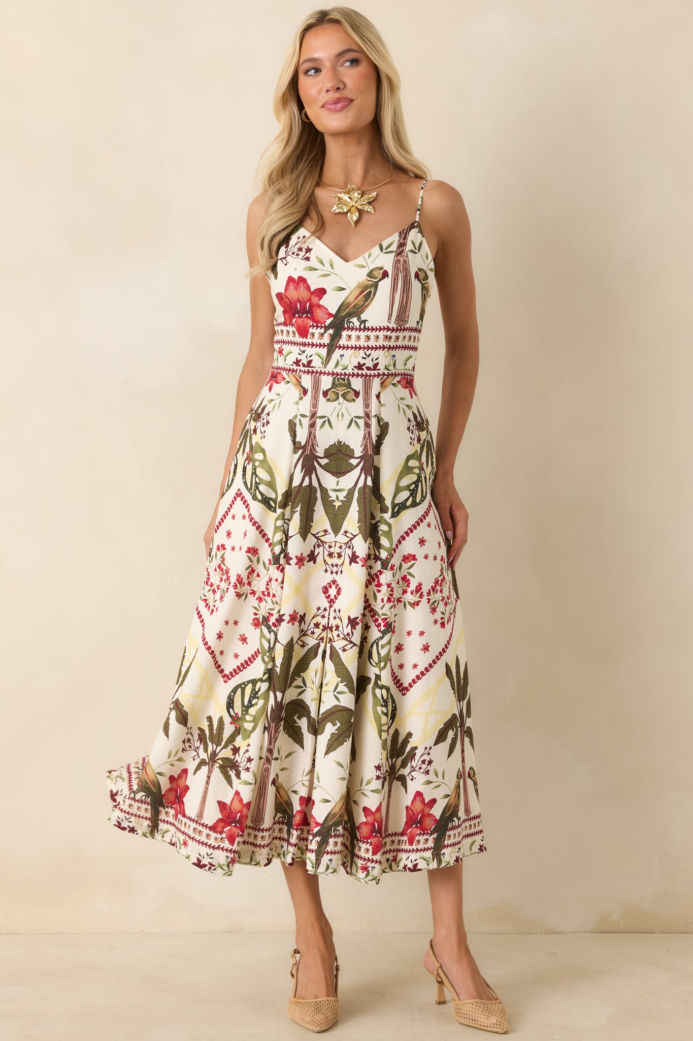 Tropical print maxi dress with a breezy full-length fit, soft structured drape, and lightweight linen blend feel.