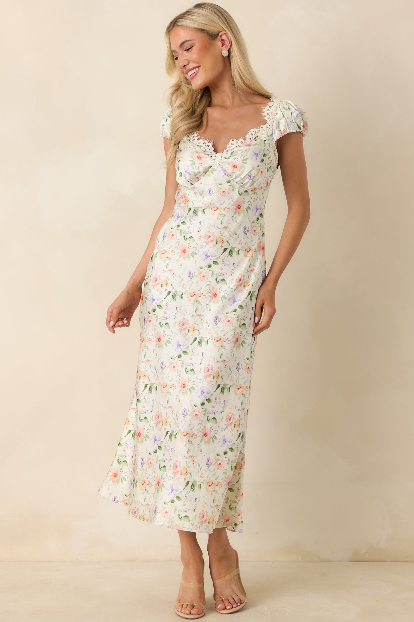 Women's Makaela Pale Green Multi Floral Lace Trim Midi Dress | Size: L