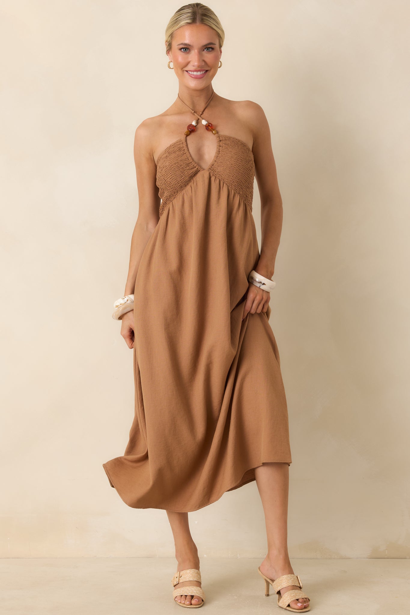 Life is But a Dream Chestnut Brown Beaded Halter Midi Dress Life is But a Dream Chestnut Brown Beaded Halter Midi Dress