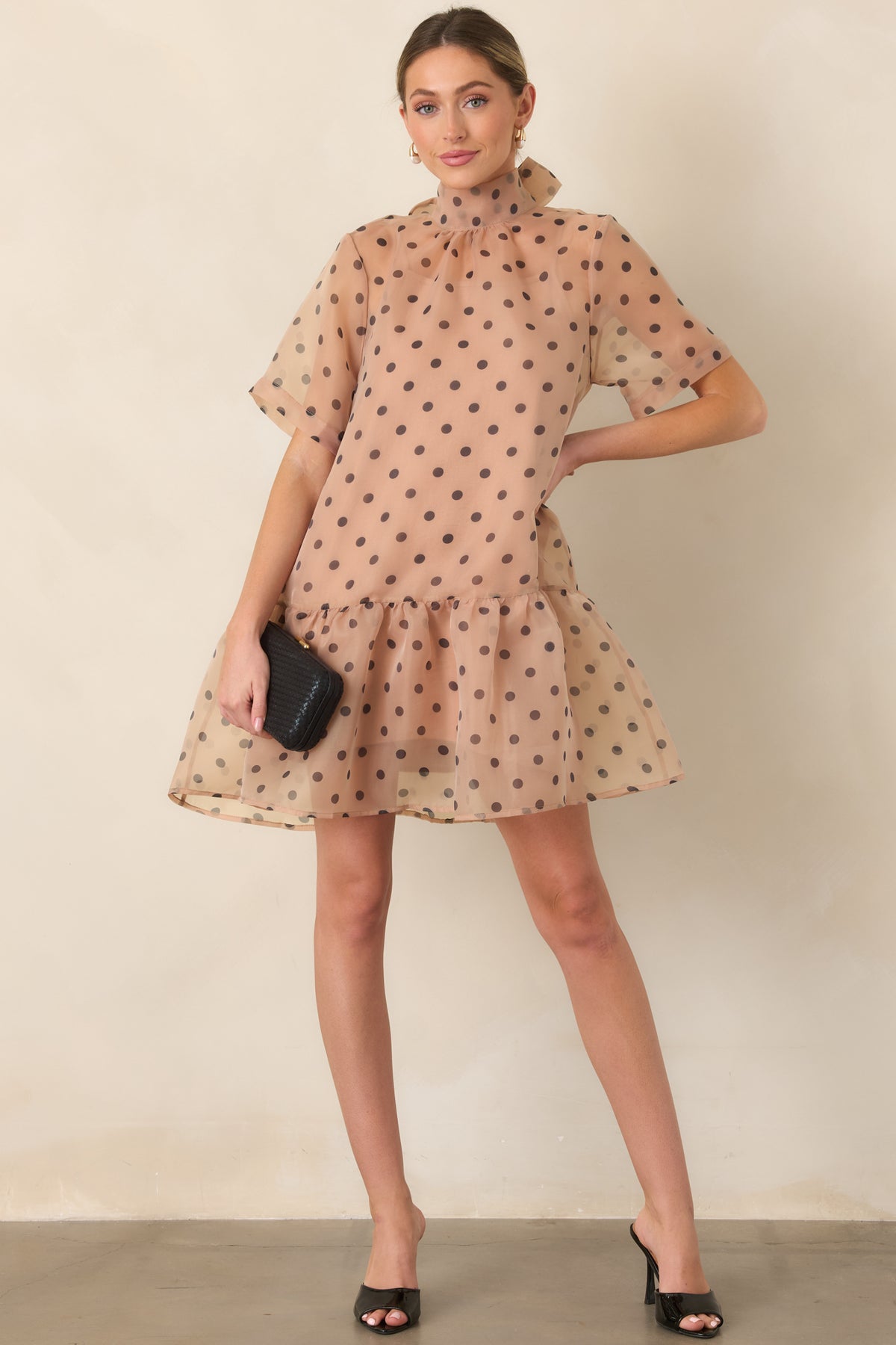 Spot On Style Beige Polka Dot Ruffle Hem Mini Dress