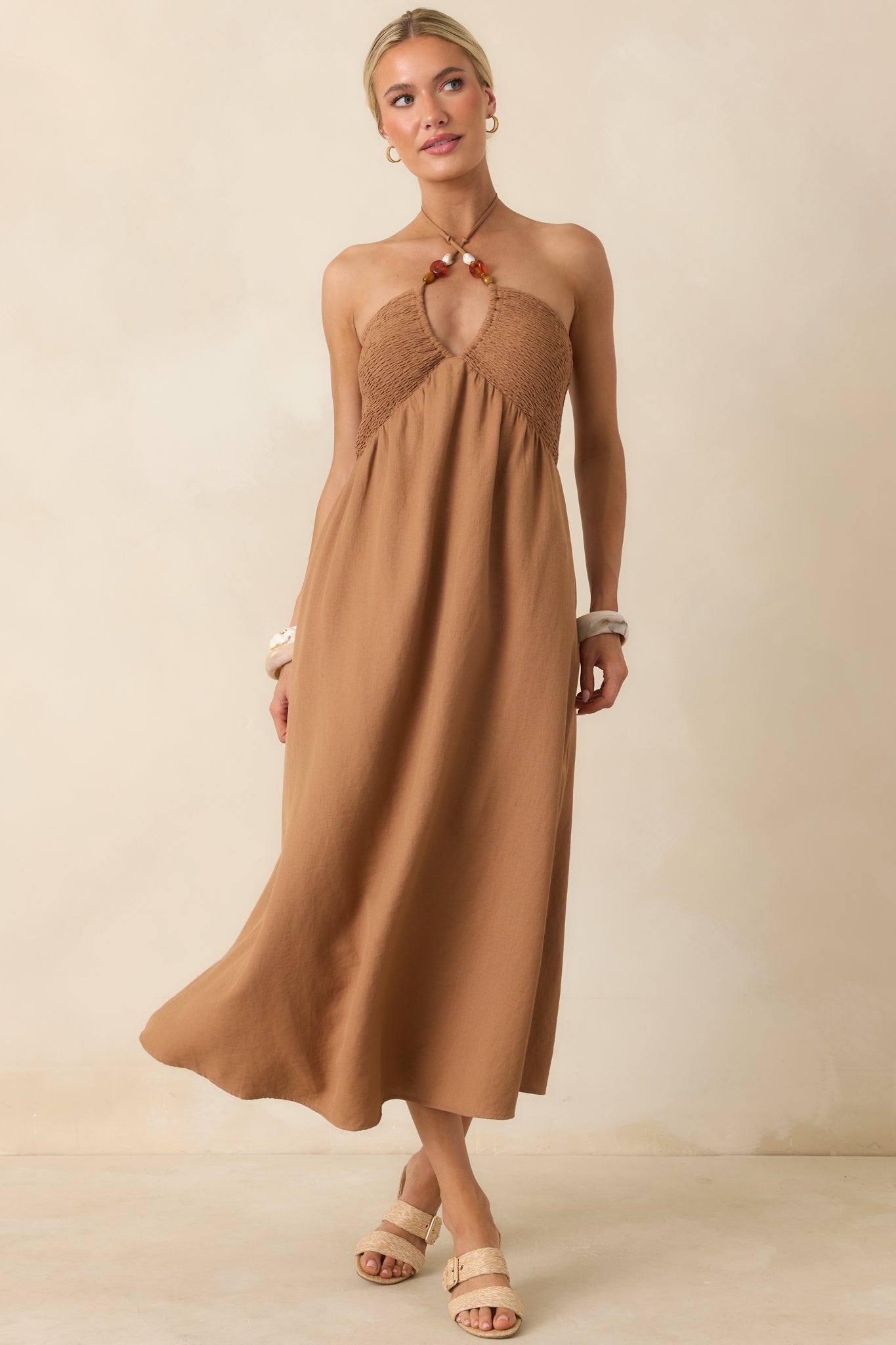 Chestnut midi dress with a breathable, lightweight feel and a flattering flowy silhouette designed for all-day wear.