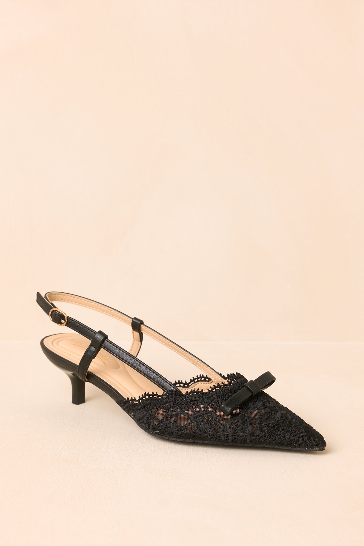 Laced With Charm Black Lace Bow Slingback Kitten Heels