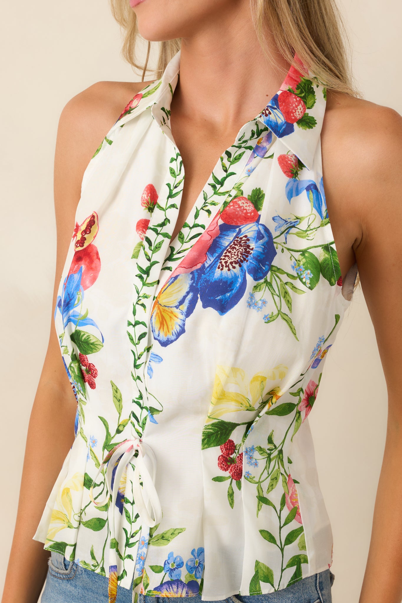 Close-up of lyocell and linen blend fabric showing soft texture and vibrant botanical print.