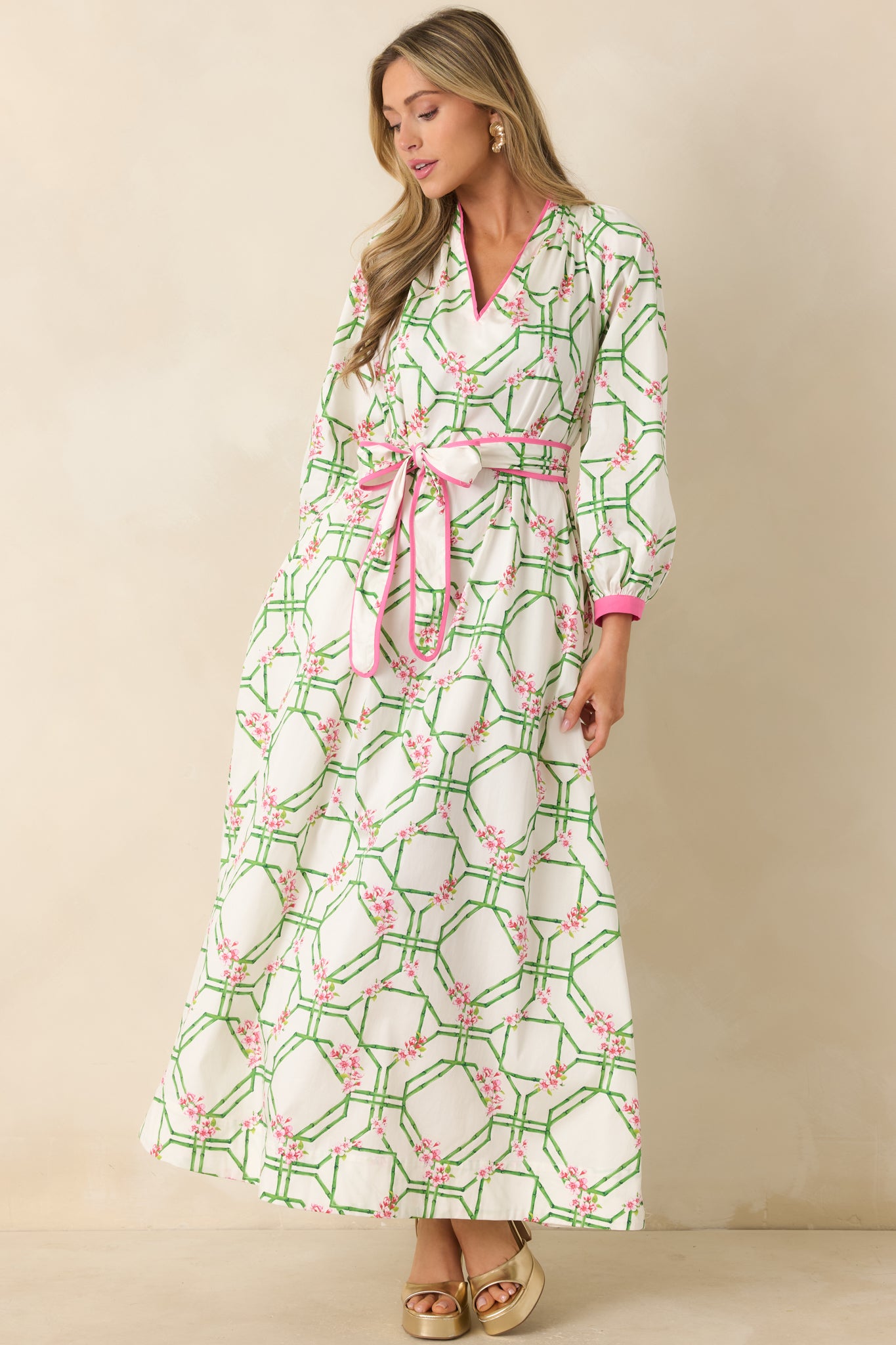 Women's Corinne White Multi Floral Trellis Cotton Maxi Dress | Size: M | Red Dress