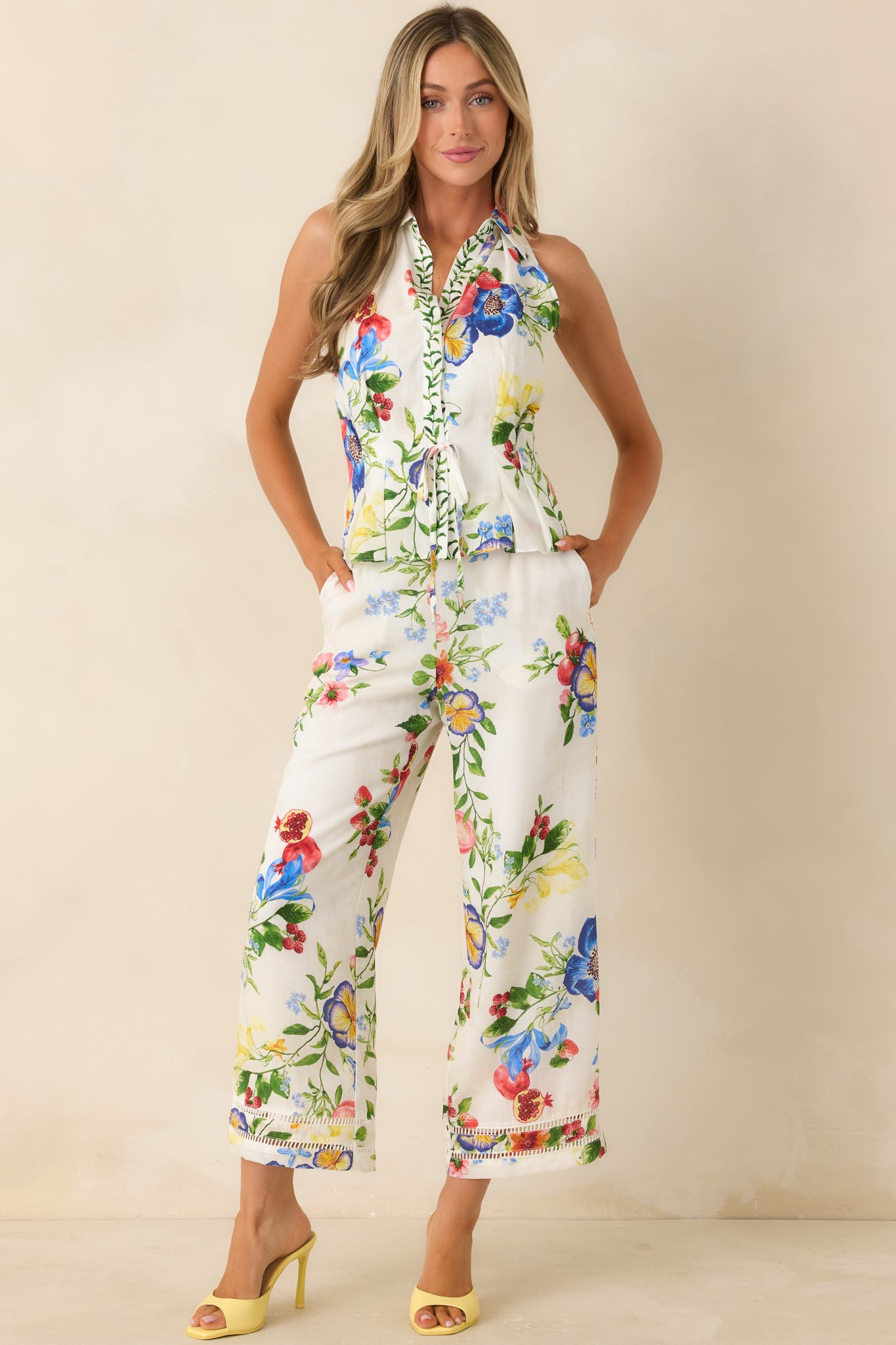 Botanical print cropped wide leg pants featuring a relaxed fit, fluid movement, and a lightweight lyocell-linen drape.