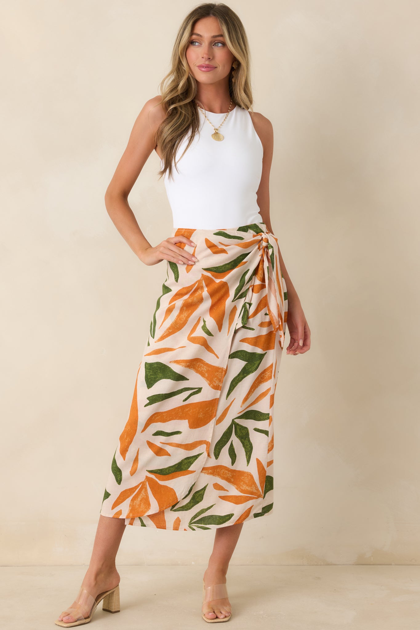 Women's Cabana Chic Beige Tropical Print Midi Wrap Skirt | Size: M
