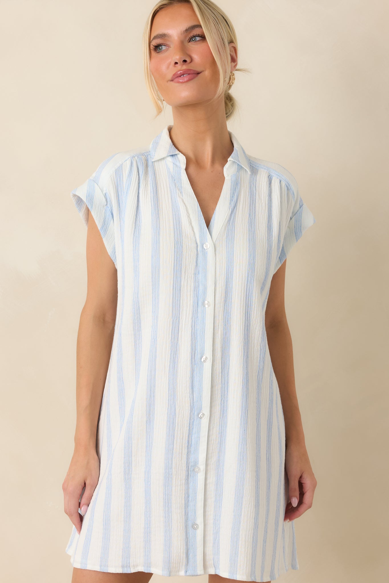 Front detail highlighting the subtle texture of the cotton gauze fabric with ivory and blue striping.