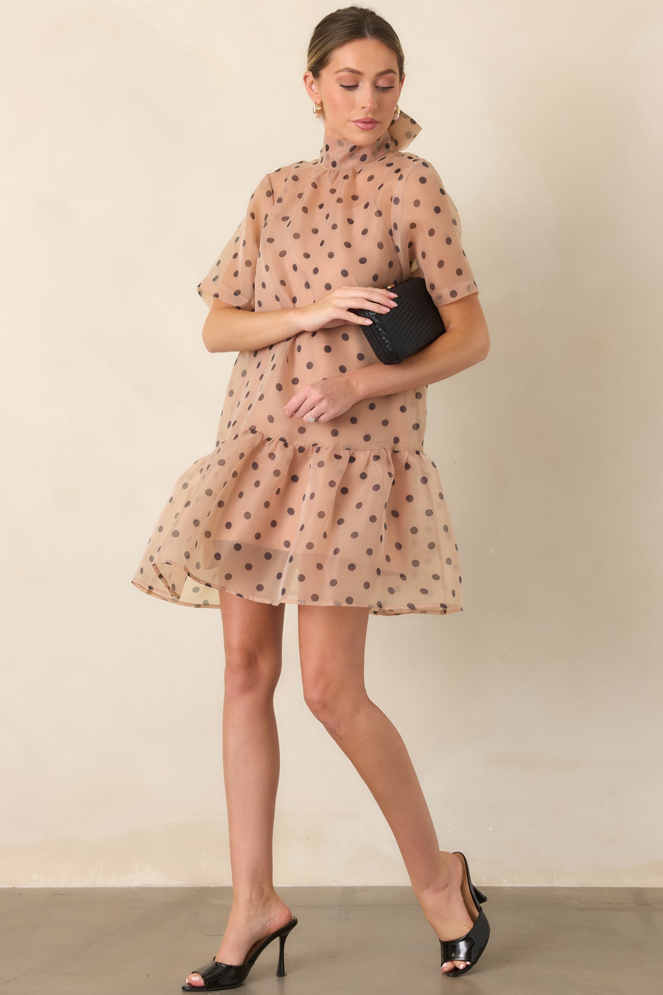 Spot On Style Beige Polka Dot Ruffle Hem Mini Dress