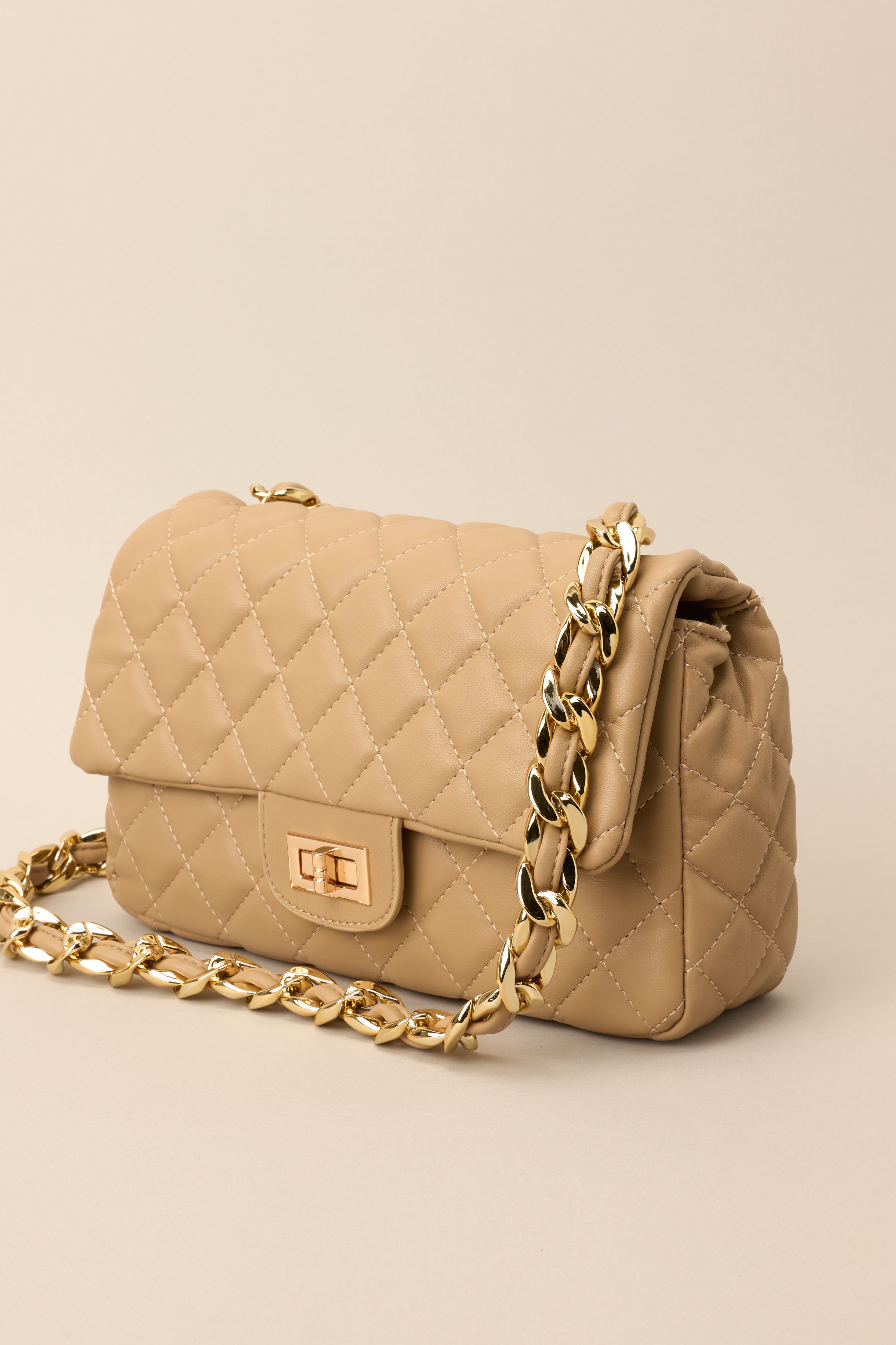 Detailed cropped shot of quilted handbag showing smooth chain strap and gold accent