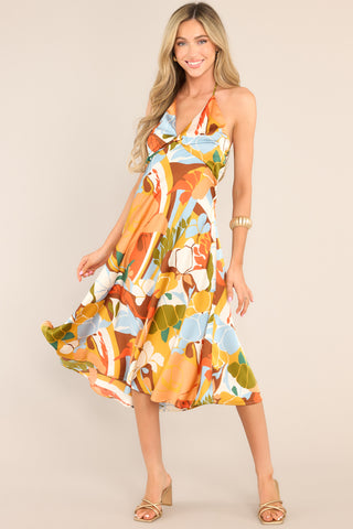 SHOP THE LOOK - Ultimate Getaway Orangeade Tropical Print Halter Midi Dress