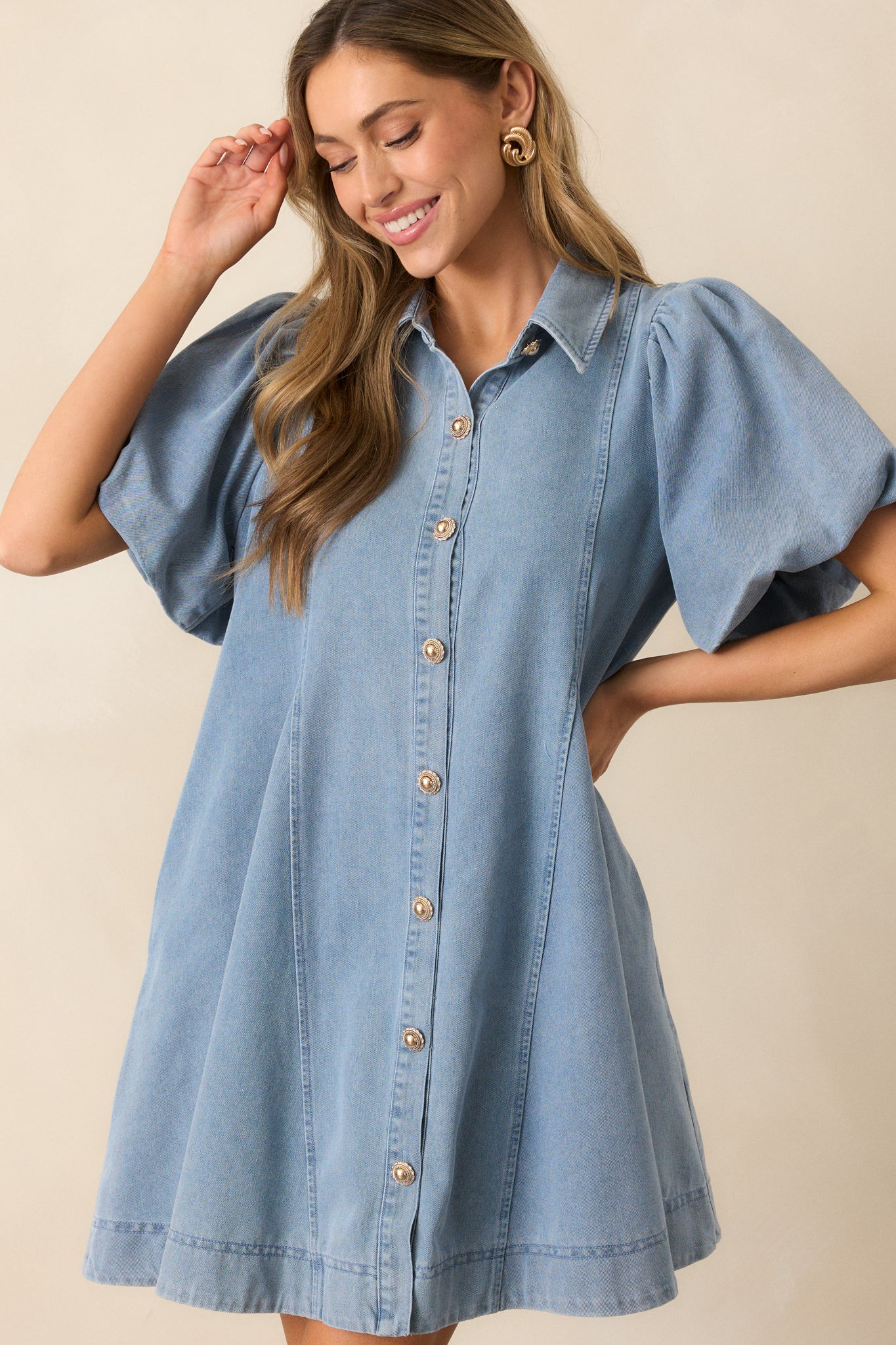 Light Wash Denim Puff Sleeve Dress Mini Dresses Red Dress
