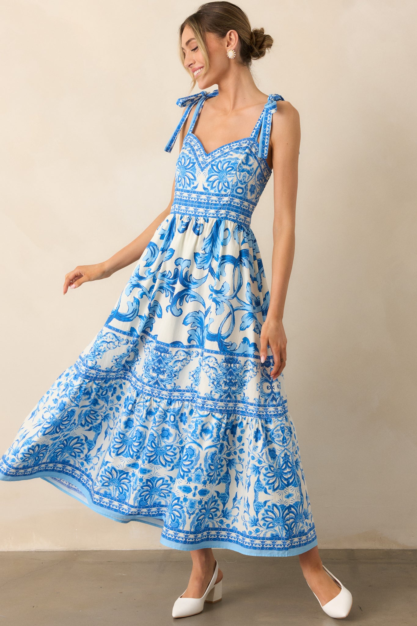 sicily flowers printed cotton midi dress Cotton Blue Sicily Midi Dress for Women