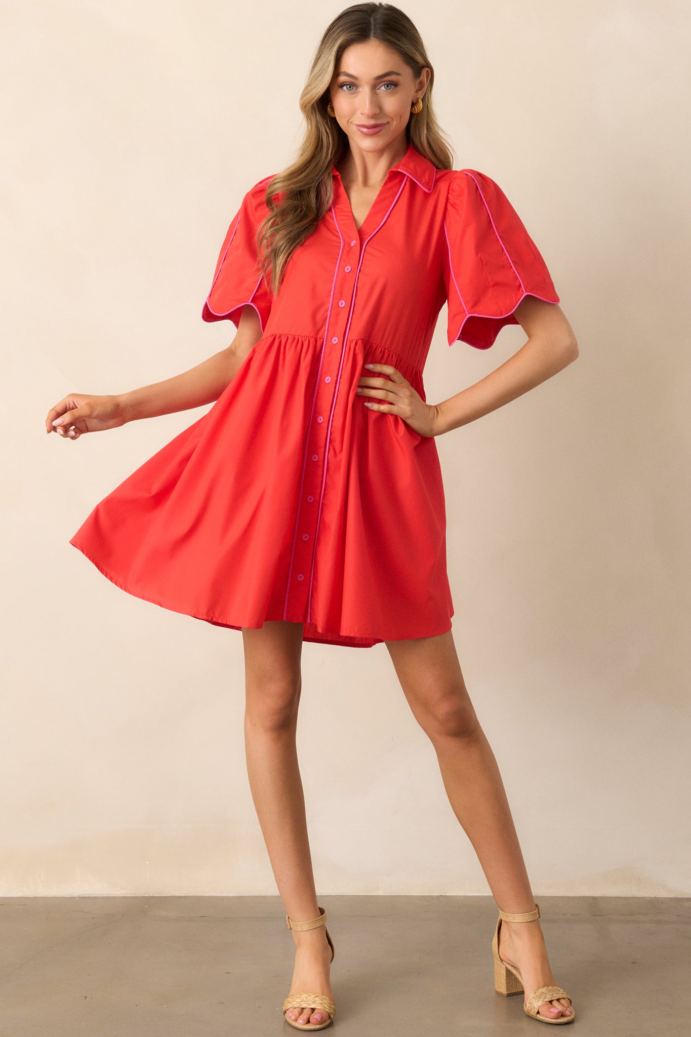 Diner Down The Road Red Button Front Mini Dress