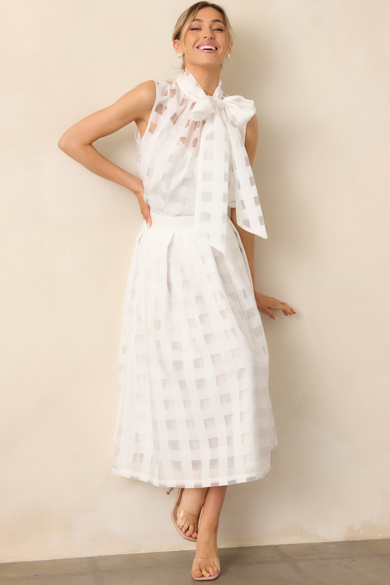 white dress with sheer overlay White Sheer Windowpane Bow Neck Top - All Tops