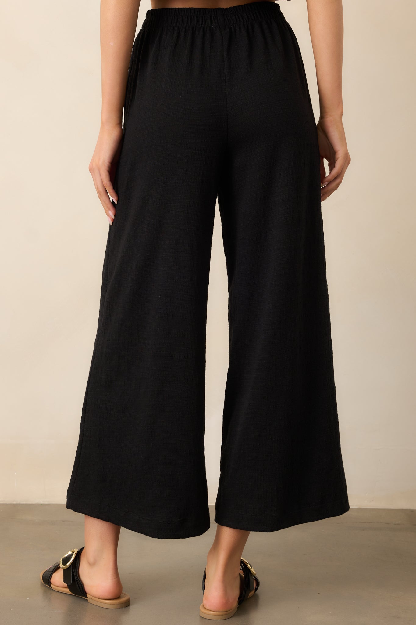 Black ankle-length pants with a streamlined back design and a relaxed yet polished fit.