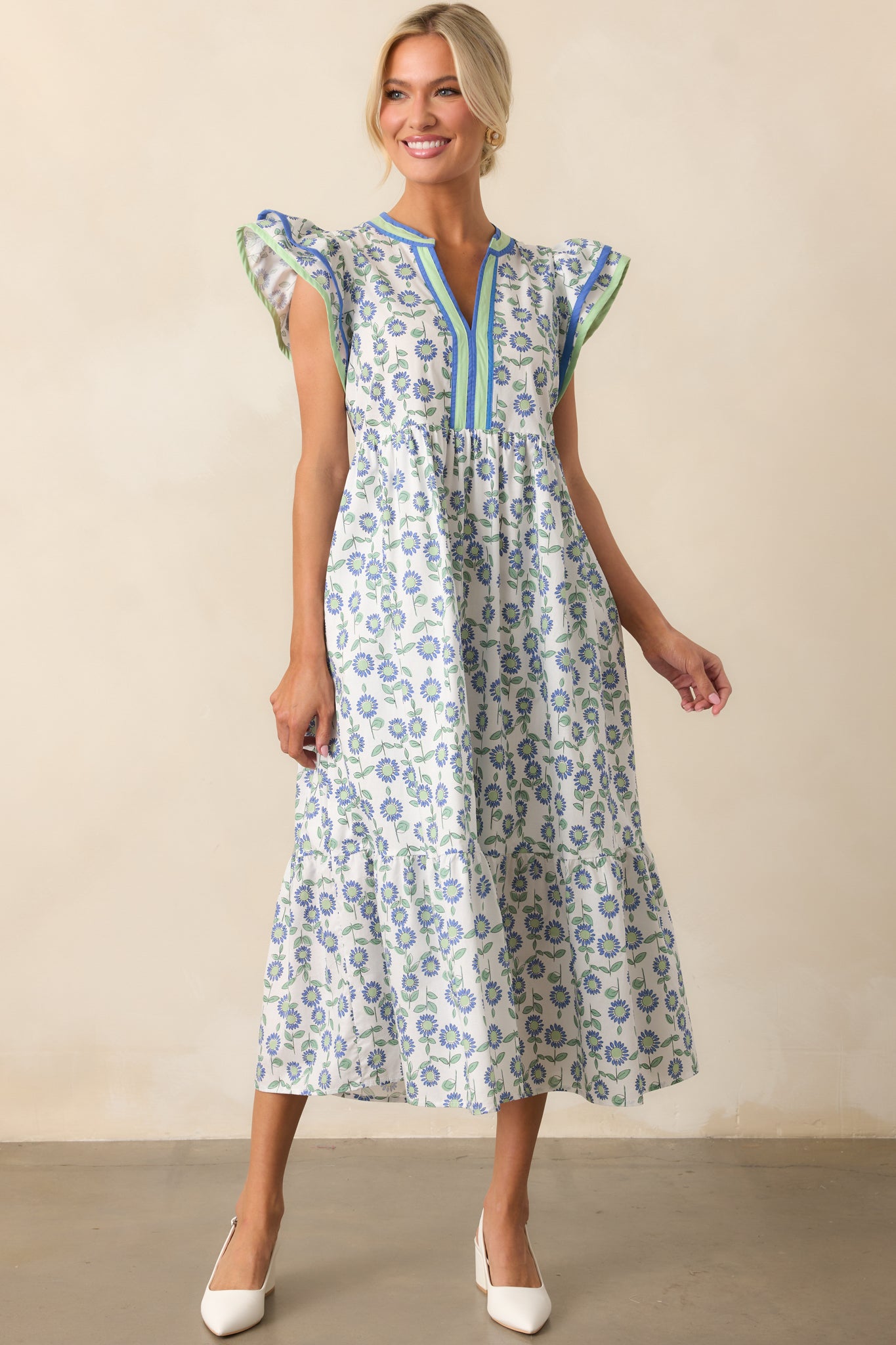 Green Floral Cotton Flutter Sleeve Dress - Midi Dress