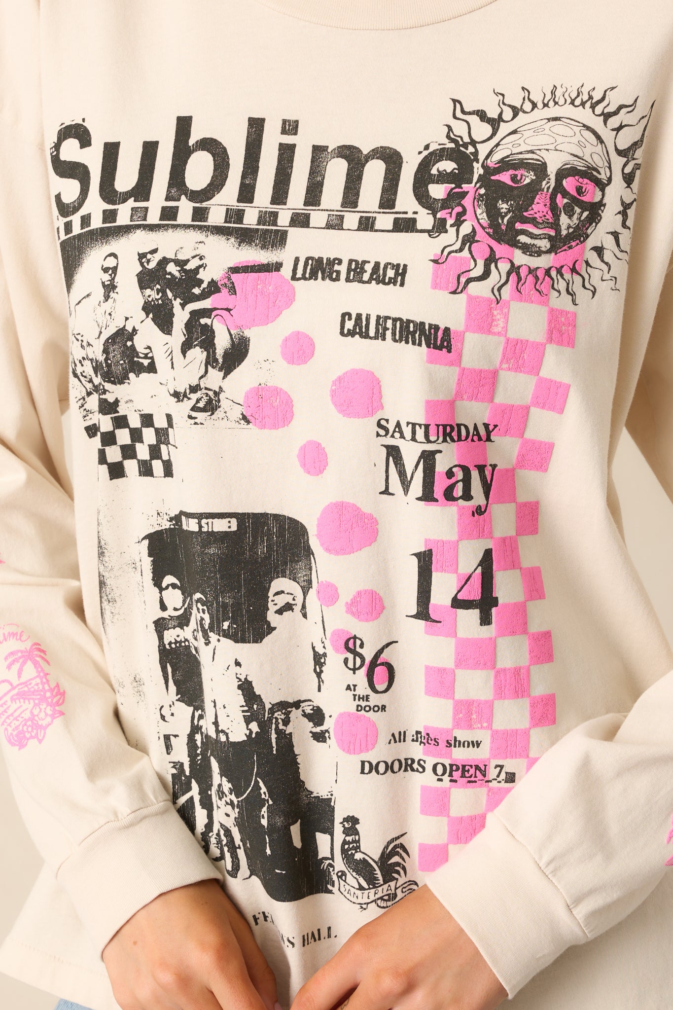 A close-up of the white tee shows the intricate pink puff ink checkered print, black and white photos of Sublime's members, and the details of the crew neckline and ribbed hemlines.