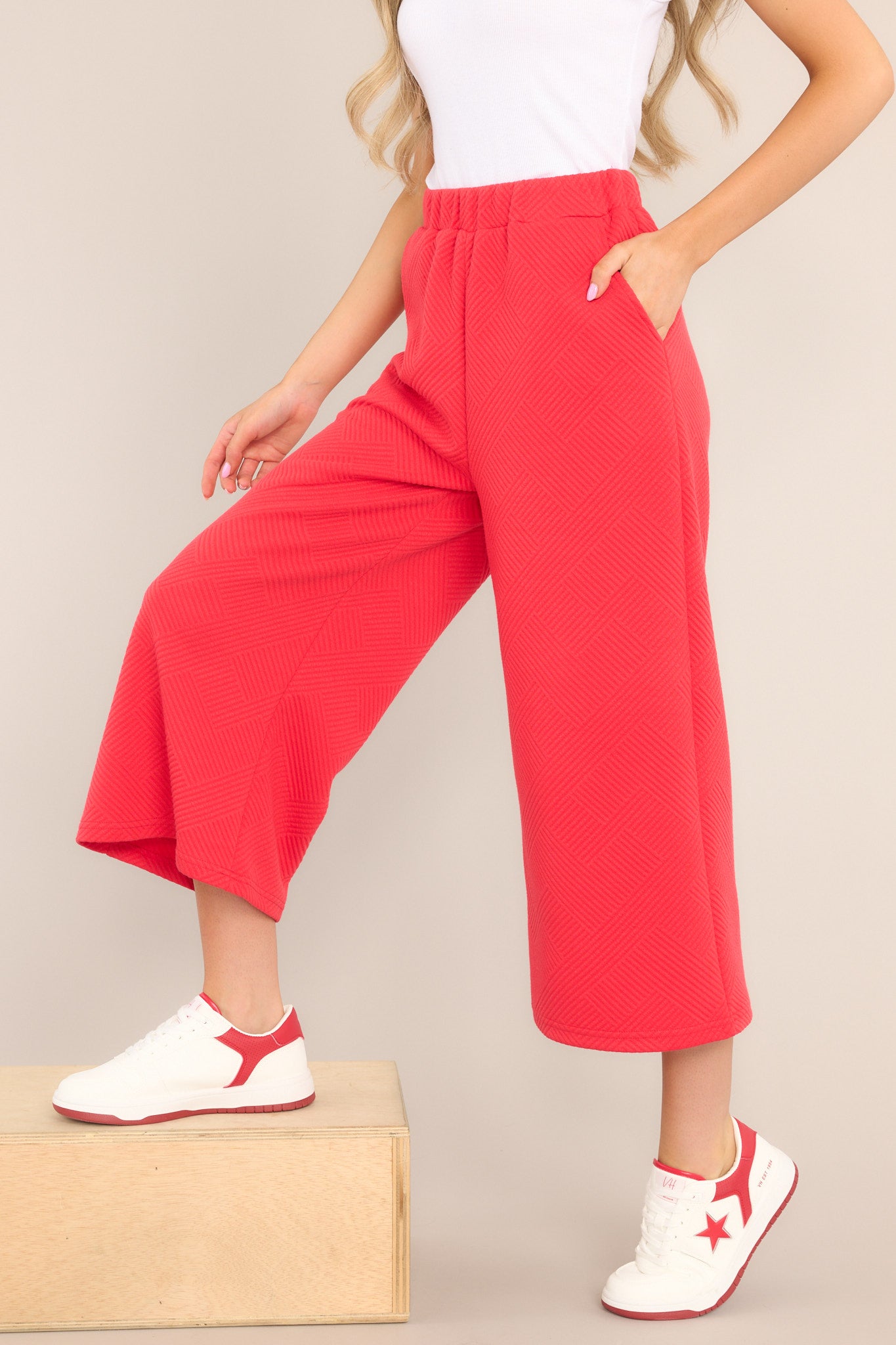 Red Cropped Textured Pants- All Pants | Red Dress Red Cropped Textured Pants- All Pants | Red Dress