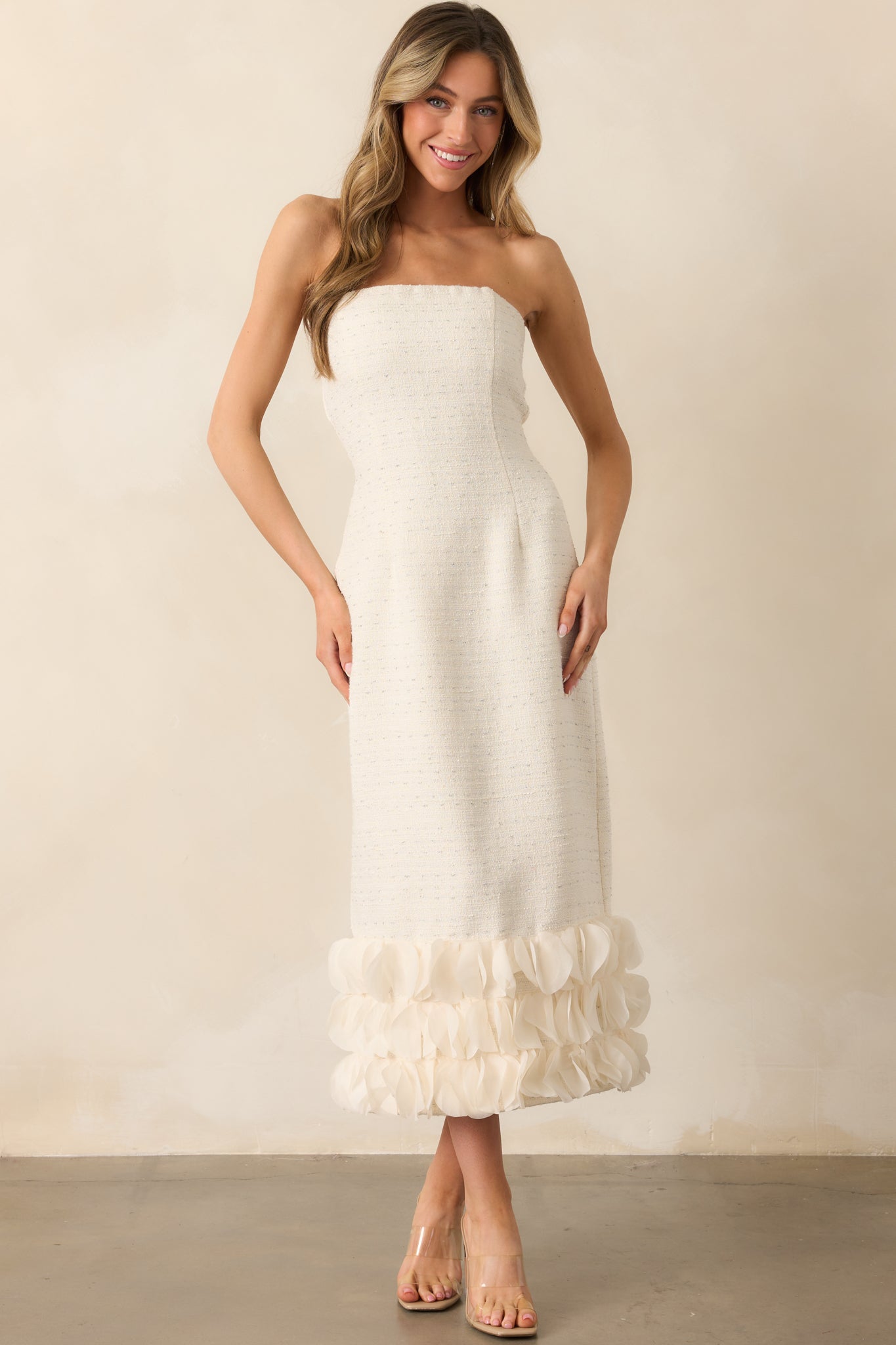 Ivory Tweed Strapless Dress - Midi Dresses | Red Dress Ivory Tweed Strapless Dress - Midi Dresses | Red Dress