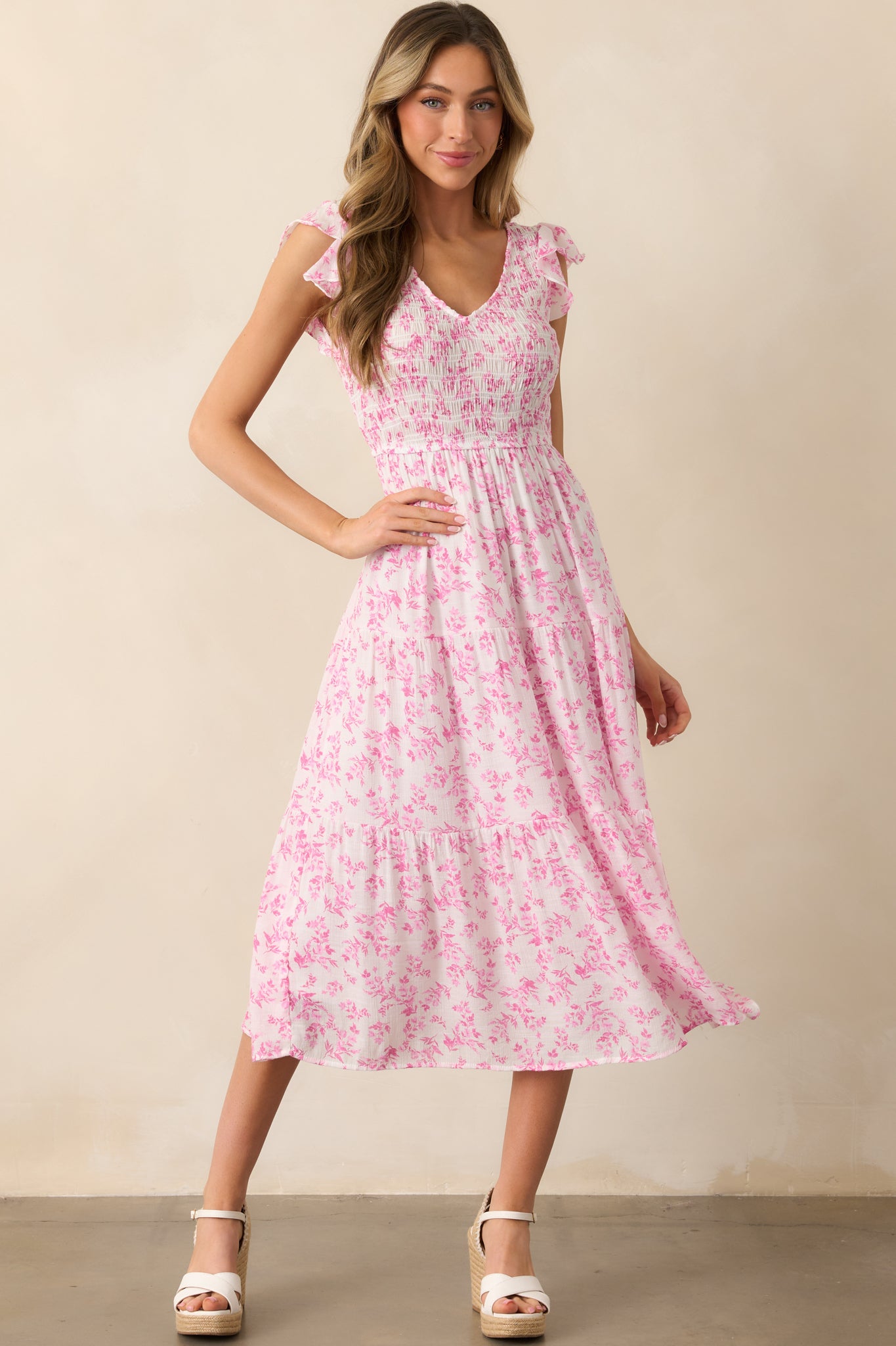 Pink Floral Flutter Sleeve Midi Dress - Smocked Dresses Pink Floral Flutter Sleeve Midi Dress - Smocked Dresses