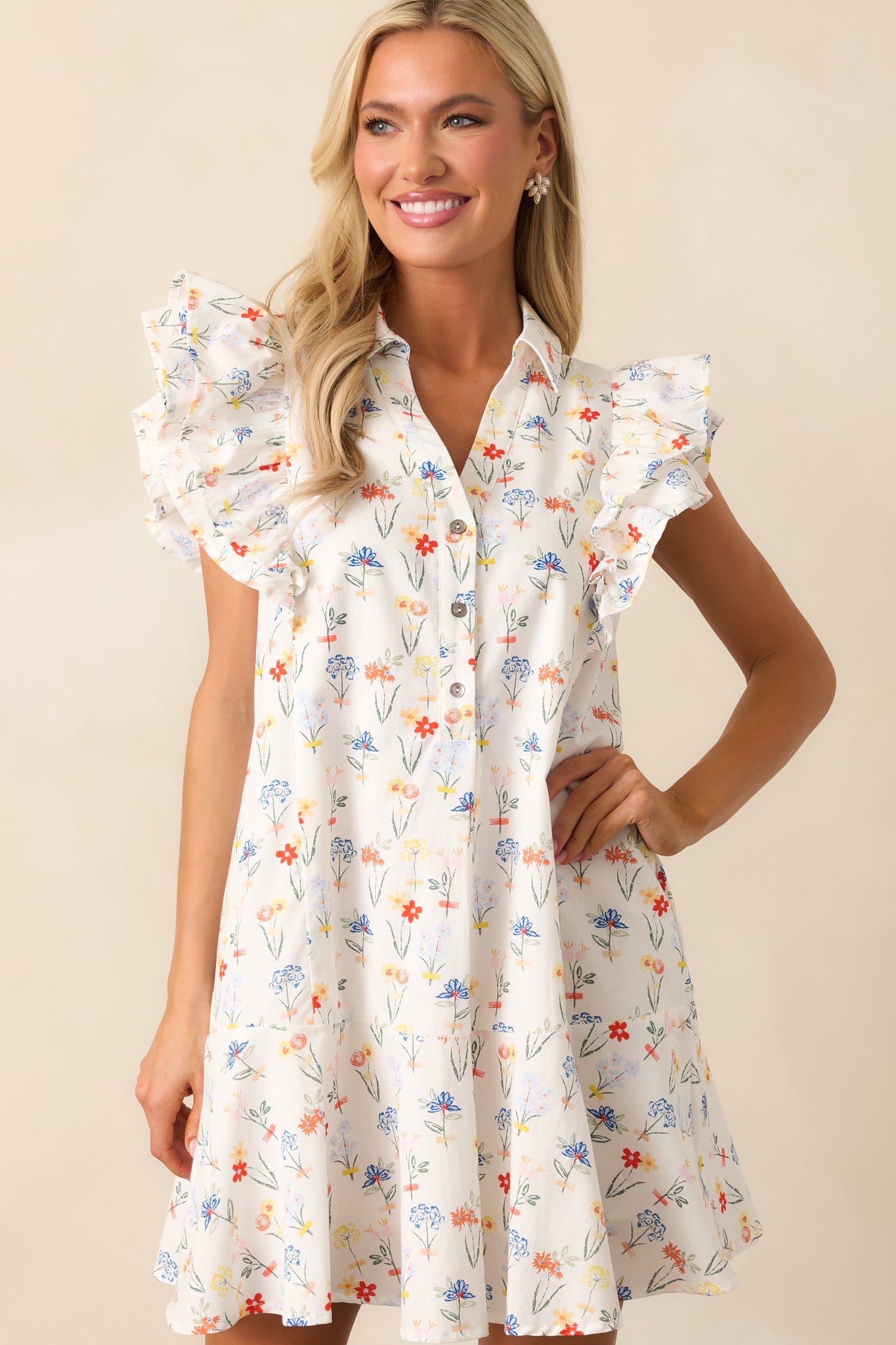 Ivory Floral Cotton Flutter Sleeve Dress - Mini Dresses | Red Dress Ivory Floral Cotton Flutter Sleeve Dress - Mini Dresses | Red Dress