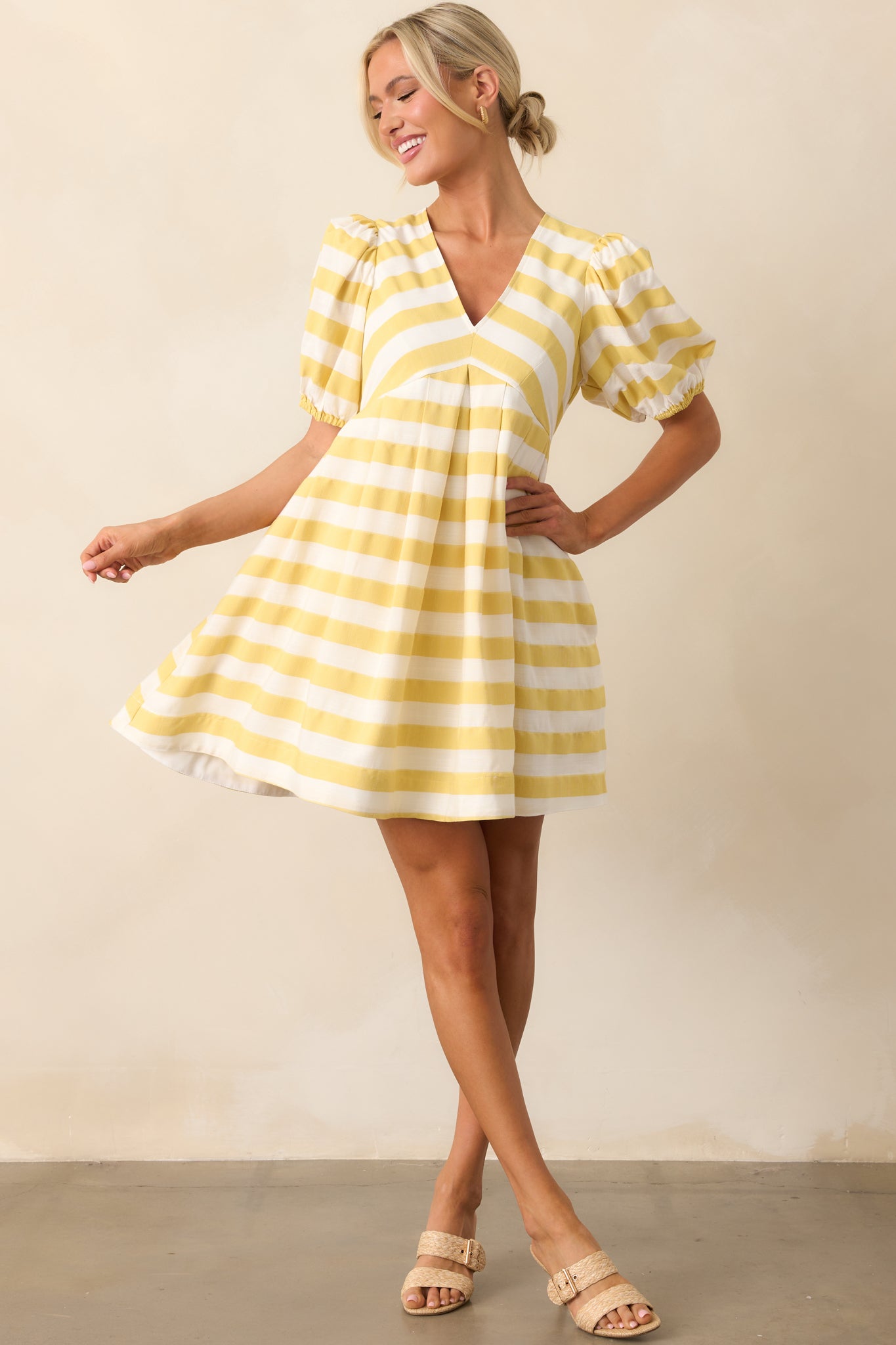 Yellow Stripe Puff Sleeve Mini Dress - Babydoll Dresses | Red Dress Yellow Stripe Puff Sleeve Mini Dress - Babydoll Dresses | Red Dress