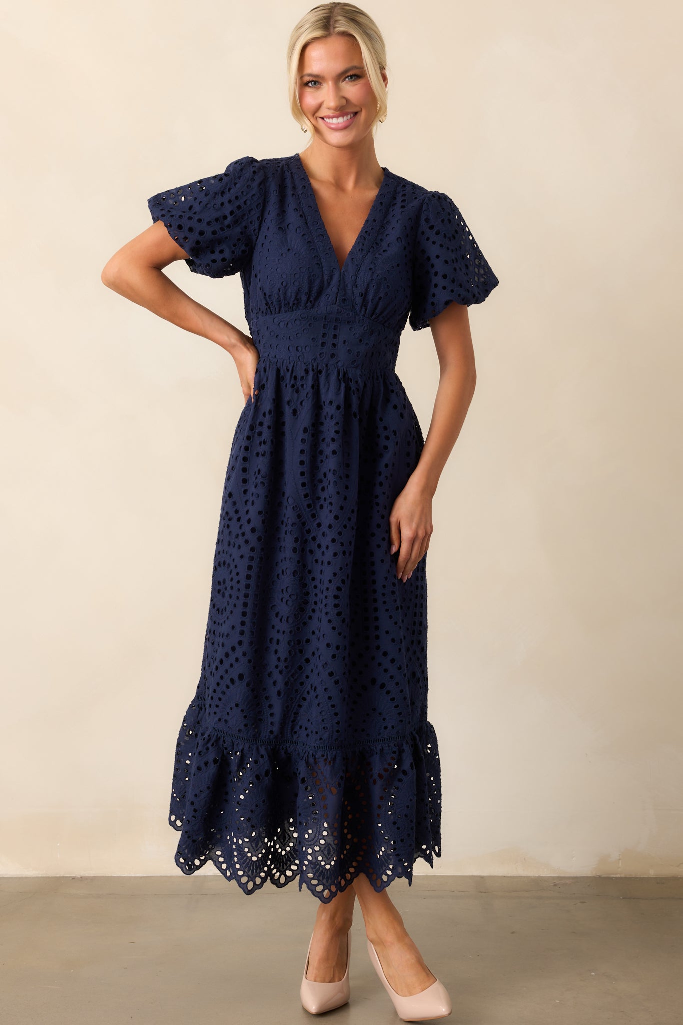 Navy Cotton Embroidered Eyelet Dress - Maxi Dresses | Red Dress Navy Cotton Embroidered Eyelet Dress - Maxi Dresses | Red Dress