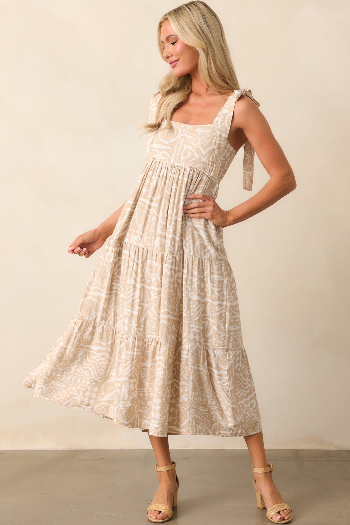 Stay A Little Longer Beige Tropical Print Tiered Midi Dress Stay A Little Longer Beige Tropical Print Tiered Midi Dress