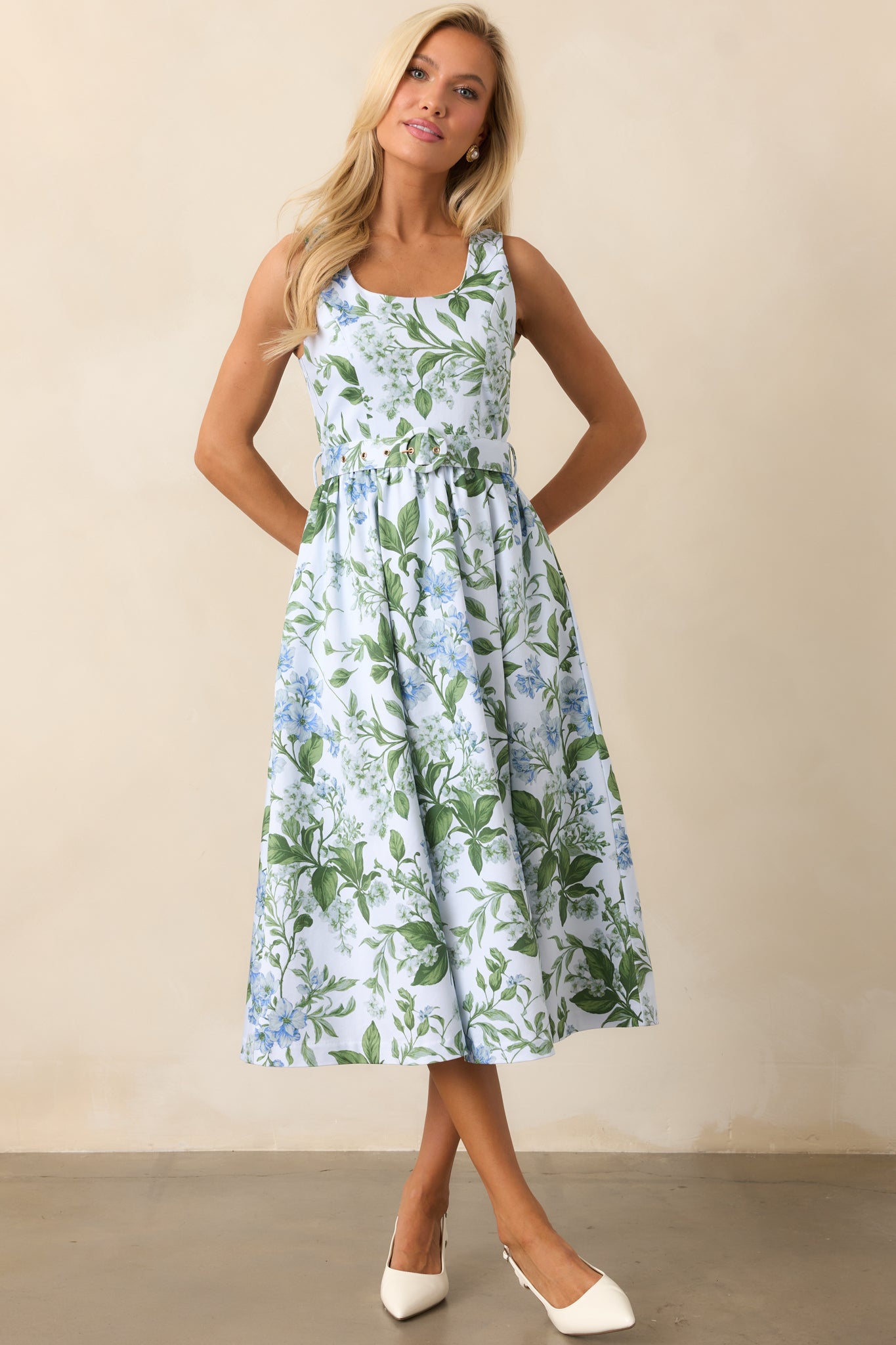 Prosperina Ava Cotton Midi Dress In Blue Lilacs Botanical