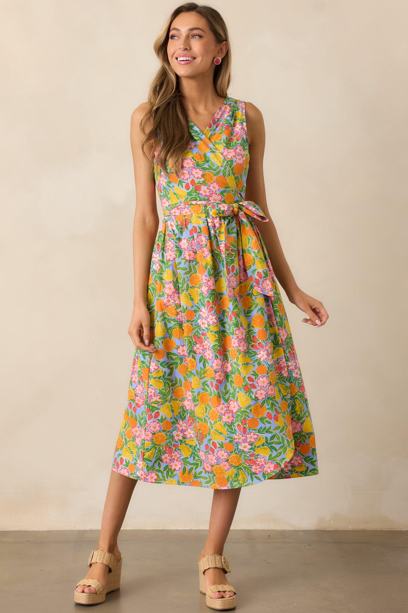 Citrus Bloom Sky Blue Multi Print Midi Wrap Dress Citrus Bloom Sky Blue Multi Print Midi Wrap Dress