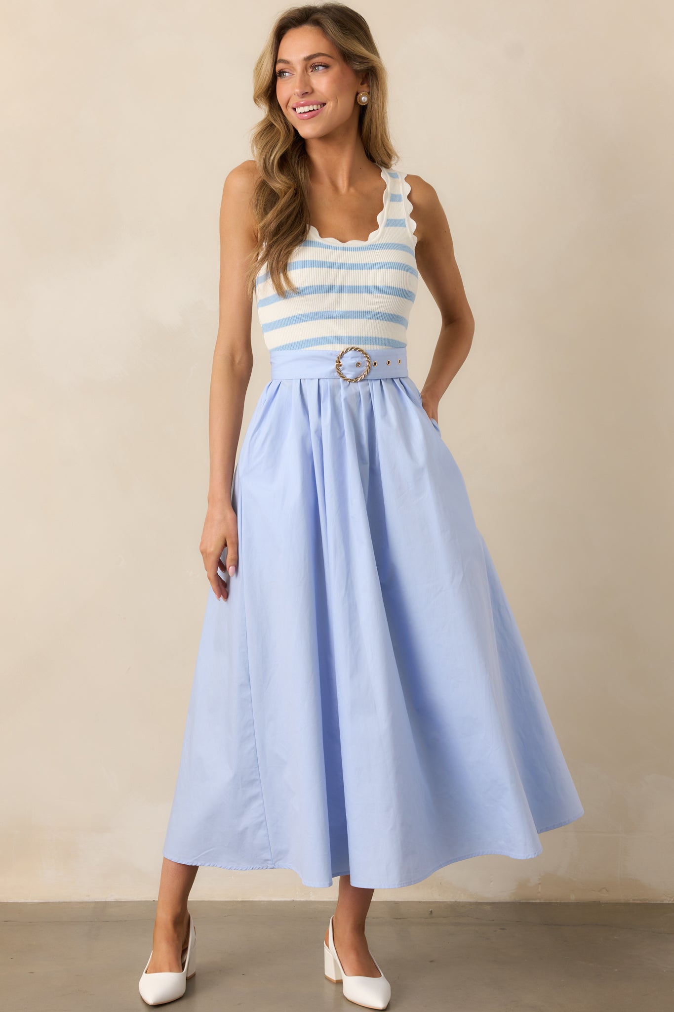 Prosperina Greer Cotton Midi Dress In Blue Belle Stripe | Red Dress Prosperina Greer Cotton Midi Dress In Blue Belle Stripe | Red Dress