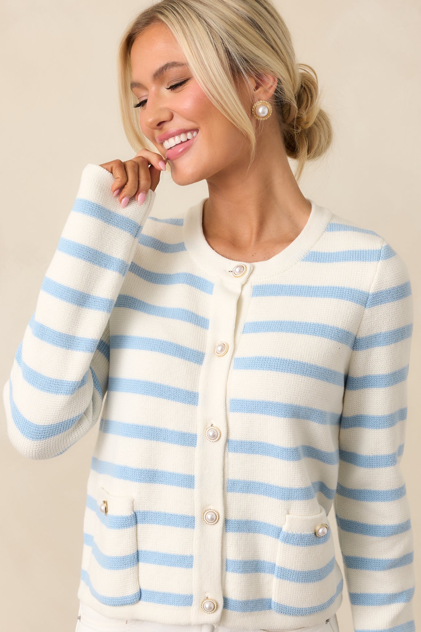 Prosperina Kennedy Cotton Cardigan In Blue Belle Stripe | Red Dress Prosperina Kennedy Cotton Cardigan In Blue Belle Stripe | Red Dress