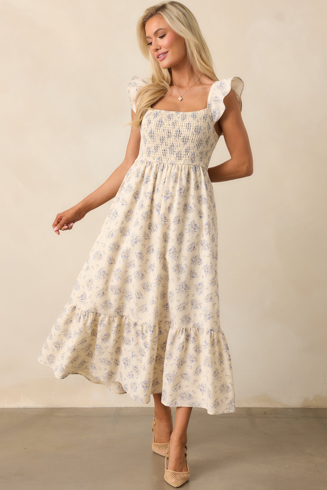 Blooming Brunch Cotton Beige Floral Flutter Sleeve Maxi Dress Blooming Brunch Cotton Beige Floral Flutter Sleeve Maxi Dress