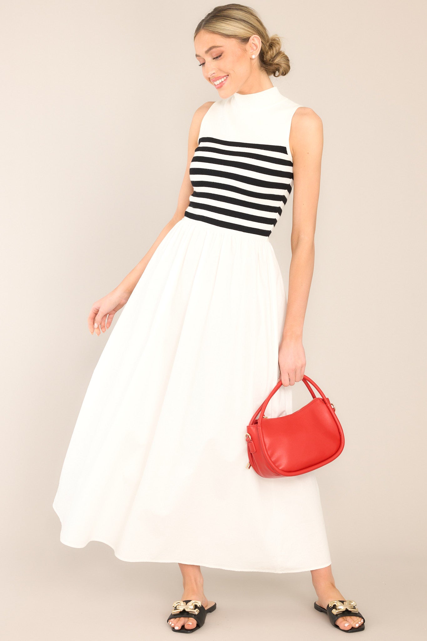 Sleeveless White Stripe Mock Neck Maxi Dress - All Dresses Sleeveless White Stripe Mock Neck Maxi Dress - All Dresses