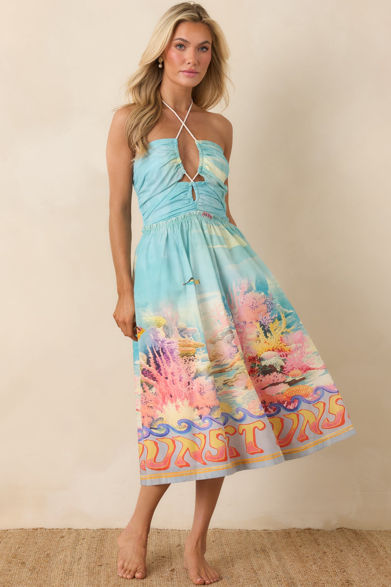 Paradisa Fernandina Blue Multi Cotton Reef Print Midi Dress