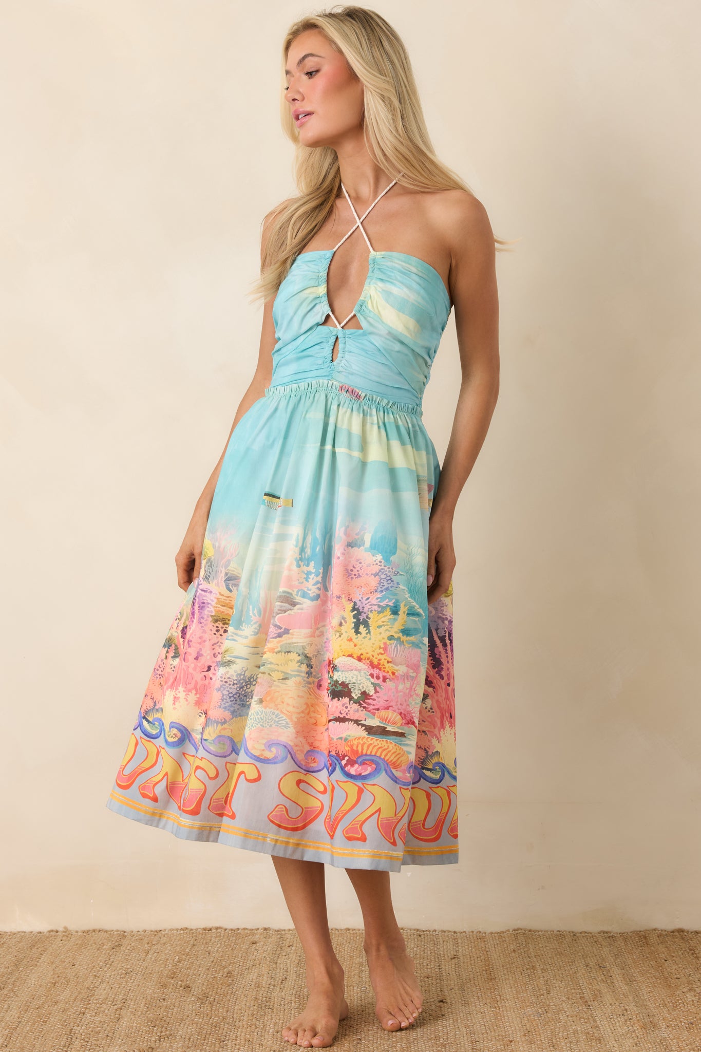 Paradisa Fernandina Blue Multi Cotton Reef Print Midi Dress