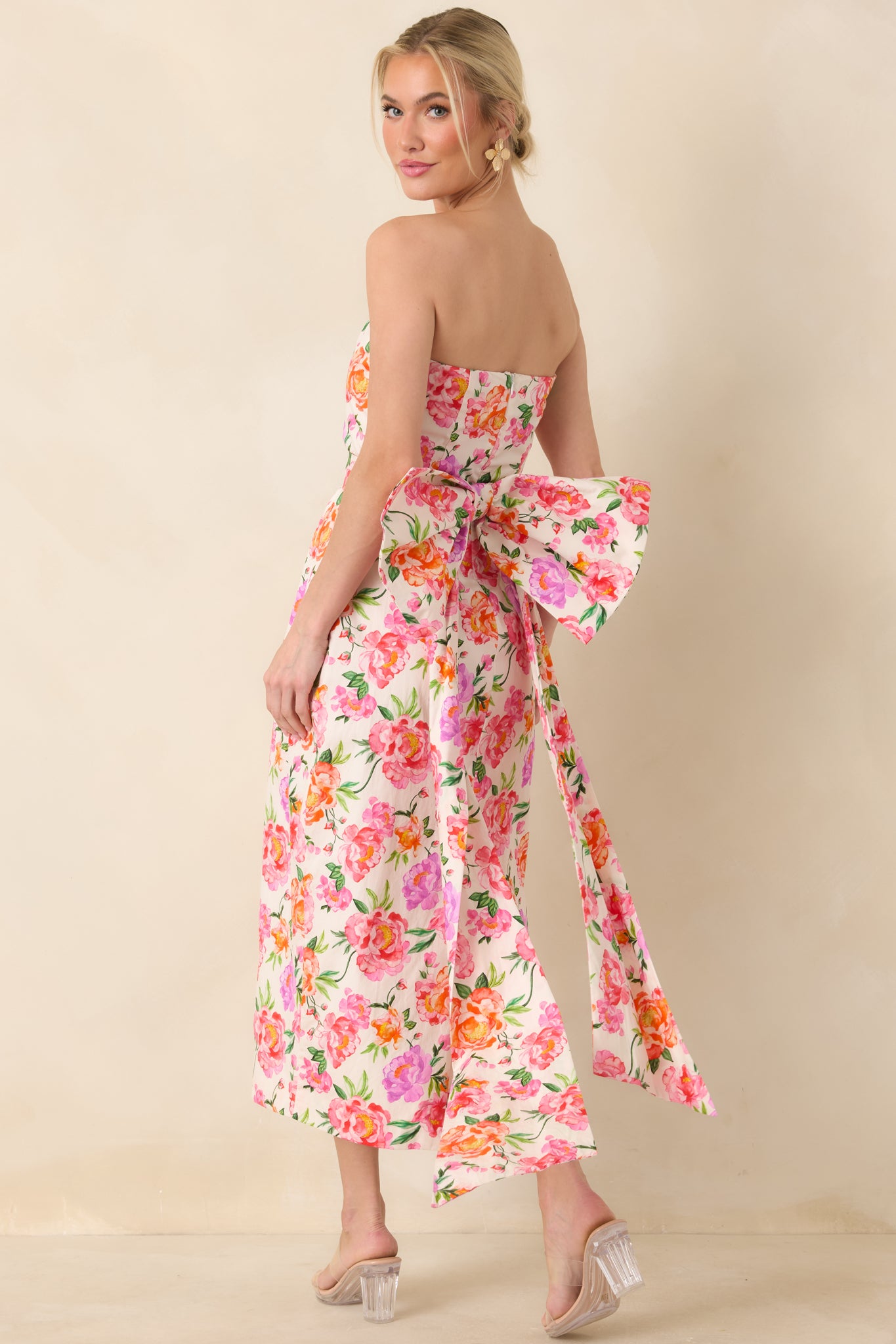 Prosperina Lisette Pink Multi Floral Cotton Strapless Midi Dress