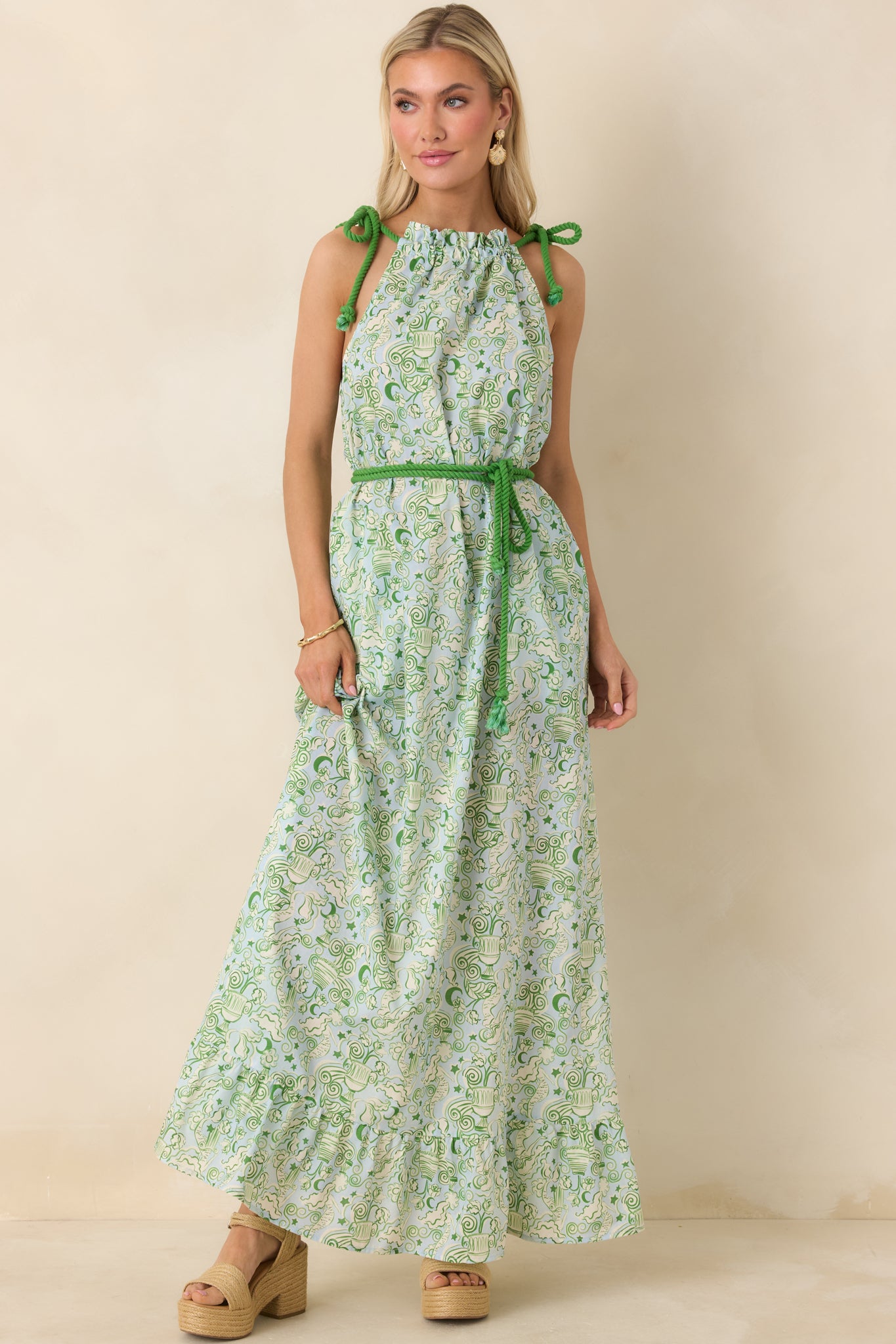 green rope dress Chartreuse Velvet Bell Sleeve L Keep styling effortless simple leather sandals and a basket tote Green Beaded Mini Tie Back