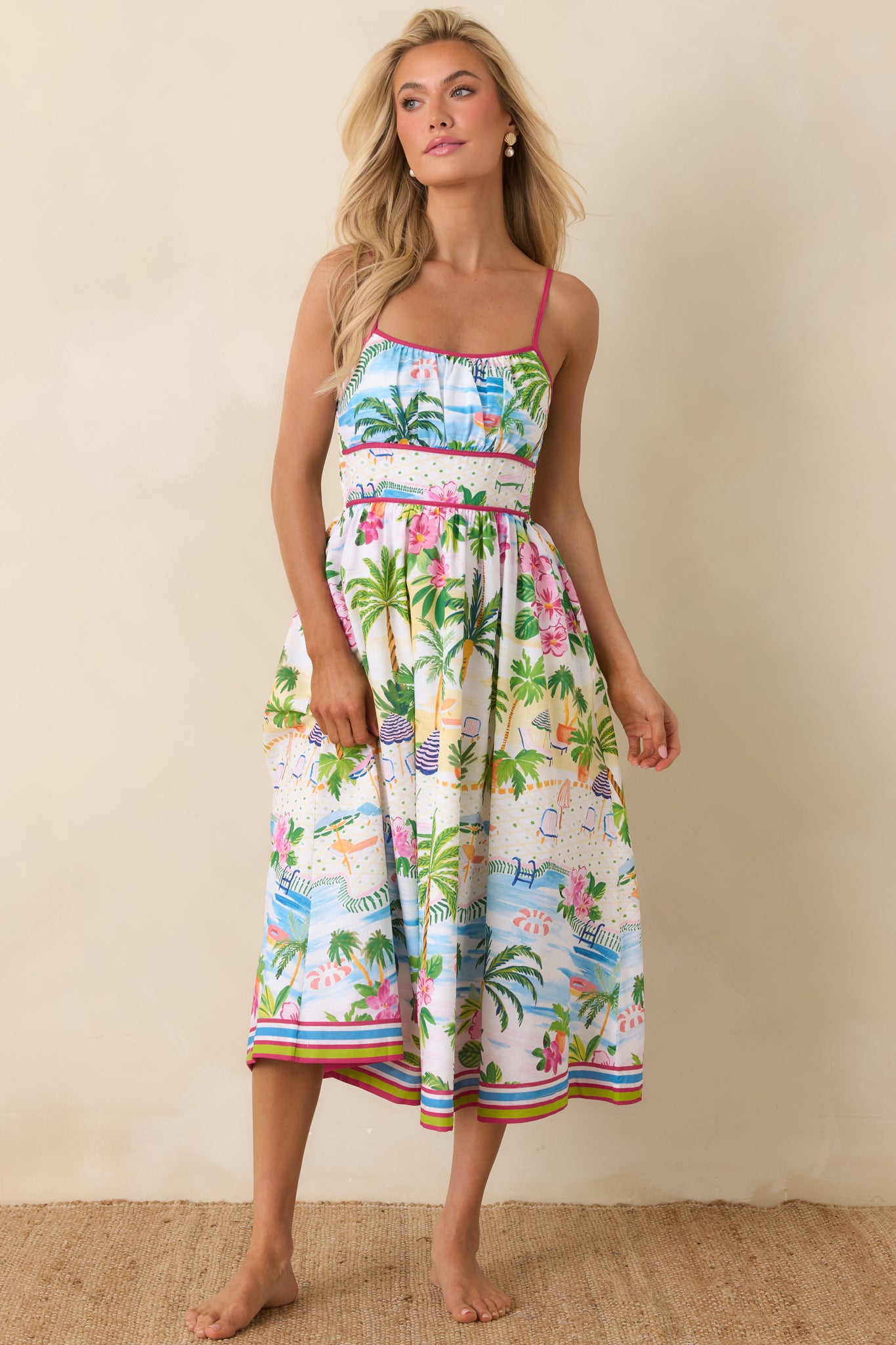 Paradisa Catalina Pink Muti Cotton Linen Poolside Print Midi Dress