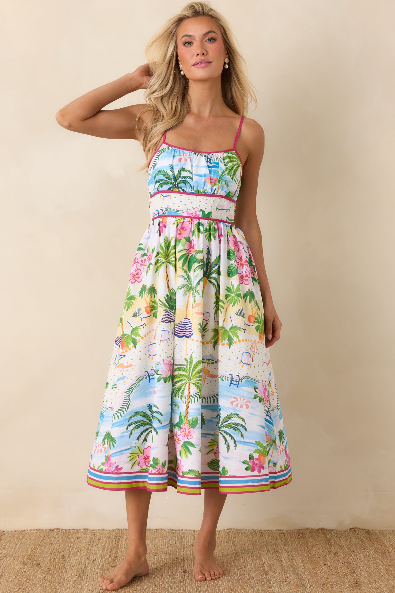 Paradisa Catalina Pink Muti Cotton Linen Poolside Print Midi Dress