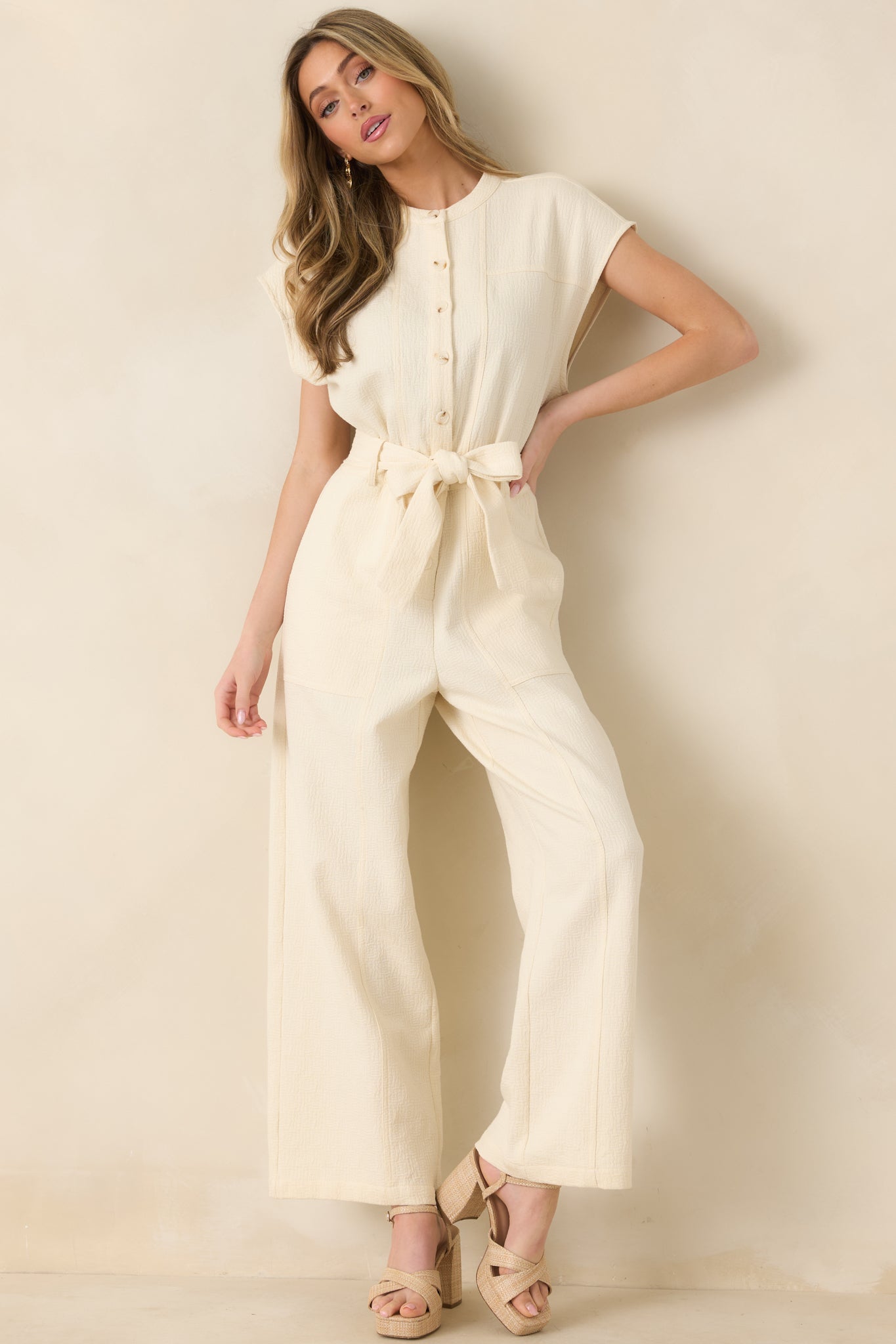 FRNCH Celestia Ivory Textured Cotton Jumpsuit | Red Dress