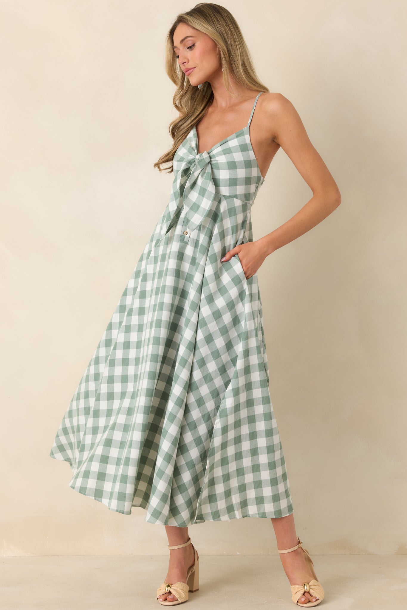 Meet Me in the Meadow Green Checked Cotton Lace Back Midi Dress Meet Me in the Meadow Green Checked Cotton Lace Back Midi Dress